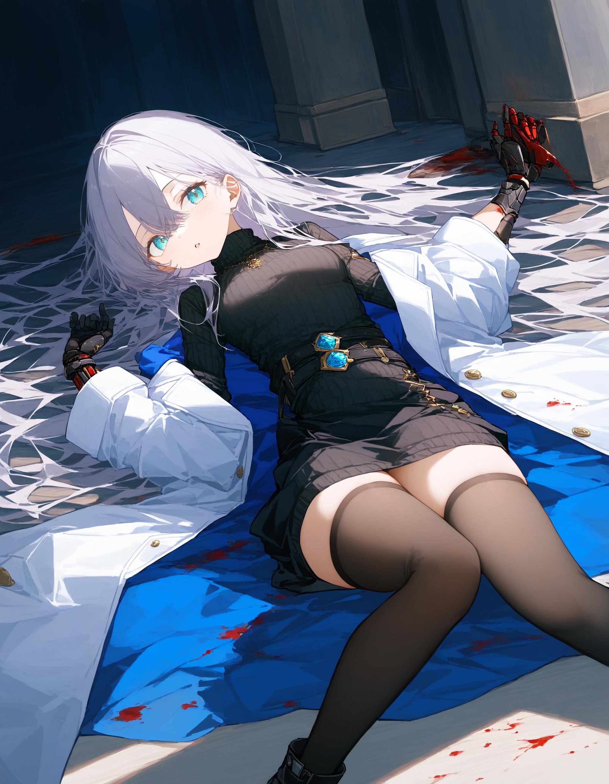 1girl, solo, long hair, looking at viewer, open mouth, bangs, blue eyes, thighhighs, gloves, long sleeves, dress, hair between eyes, very long hair, grey hair, lying, parted lips, black gloves, black thighhighs, on back, black footwear, black dress, aqua eyes, sweater, zettai ryouiki, coat, blood, turtleneck, ribbed sweater, single glove, turtleneck sweater, white coat, black sweater, mechanical arms