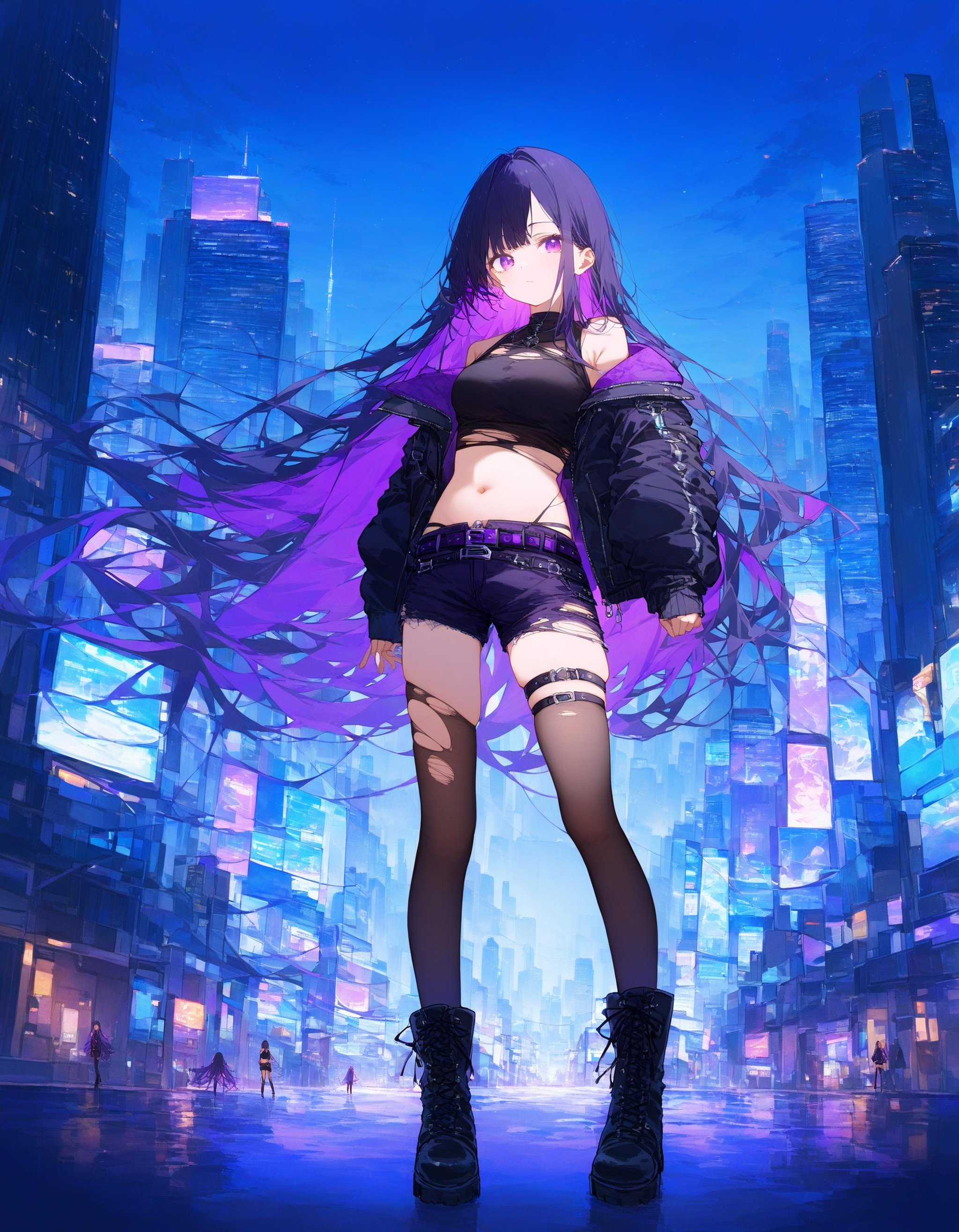 1girl, solo, long hair, breasts, looking at viewer, bangs, blue eyes, shirt, black hair, thighhighs, long sleeves, navel, very long hair, closed mouth, standing, purple eyes, jacket, full body, purple hair, multicolored hair, boots, outdoors, open clothes, sky, shorts, midriff, belt, black footwear, open jacket, black jacket, crop top, torn clothes, black shirt, thigh strap, night, floating hair, building, colored inner hair, city, cityscape, skyscraper