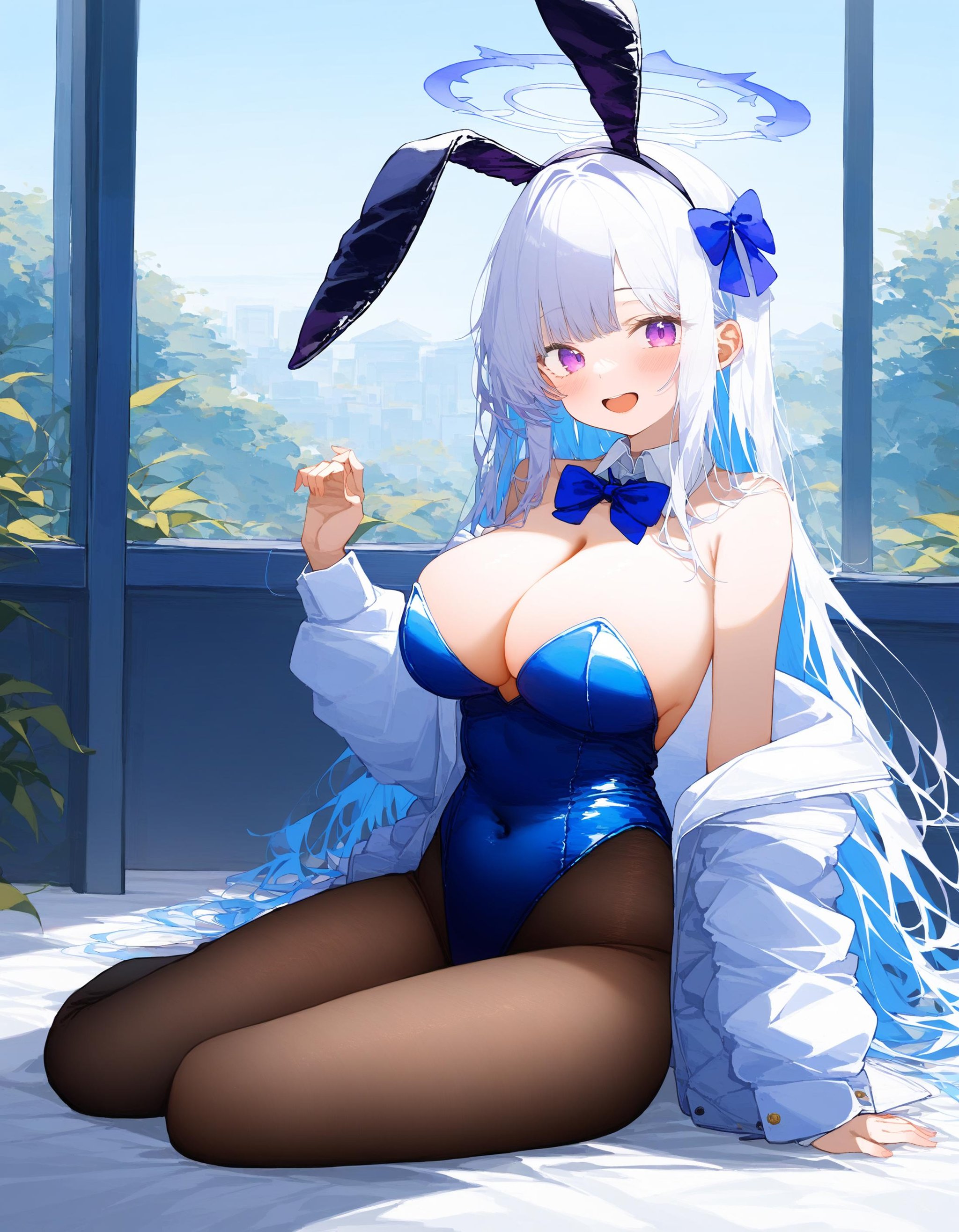 1girl, solo, long hair, breasts, looking at viewer, blush, smile, open mouth, bangs, large breasts, long sleeves, bow, animal ears, cleavage, bare shoulders, sitting, very long hair, purple eyes, jacket, white hair, pantyhose, sidelocks, thighs, open clothes, bowtie, off shoulder, rabbit ears, leotard, open jacket, black pantyhose, strapless, covered navel, detached collar, fake animal ears, arm support, highleg, halo, blue bow, playboy bunny, white jacket, highleg leotard, strapless leotard, brown pantyhose, yokozuwari, blue bowtie, blue leotard