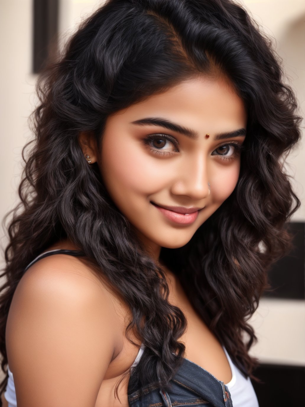 Indian Instagram model, stunningly beautiful and cute face, innocent smile, teenage girl, wearing a tanktop and jeans pant, long black wavy hair, perfect figure, brown eyes, white skin and complexion,photorealistic