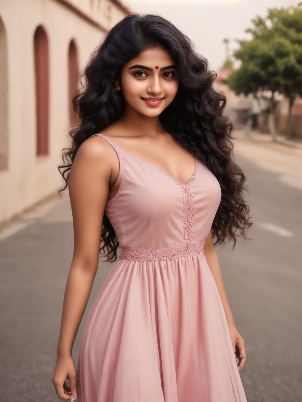 Indian Instagram model, stunningly beautiful and cute face, innocent smile, teenage girl, wearing a pink frock, long black wavy hair, perfect figure, brown eyes, white skin and complexion, photorealistic, walking on a street 