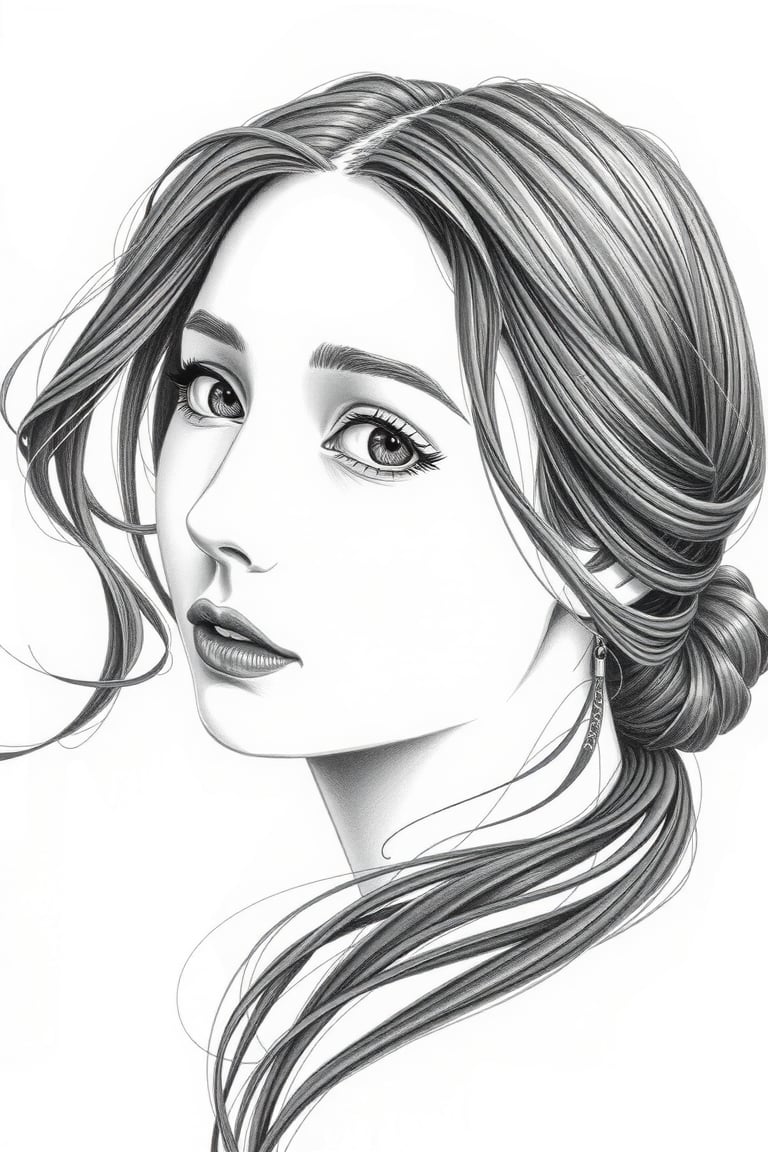 1girl, solo, long hair, looking at viewer, closed mouth, monochrome, upper body, greyscale, hair bun, from side, lips, traditional media, single hair bun, portrait, nose, The image is a detailed pencil drawing of a woman's face. It captures the essence of her expression and the fine lines of her hair, with a focus on realism and texture. The artwork is monochromatic, using various shades of blue to create depth and contrast. The woman's gaze is direct and engaging, suggesting a moment of introspection or connection with the viewer. There are no background elements; the focus is solely on the subject. The style of the drawing is reminiscent of sketching techniques used in traditional art practices. elaborate strokes, neat hatching, lines, graphics, ((academic drawing)), monumental graphics, art school, many lines, complex detailed drawing, construction, chiaroscuro, light and shadow,

painting, paper texture, sketch, ART_painting, colored pencil, art