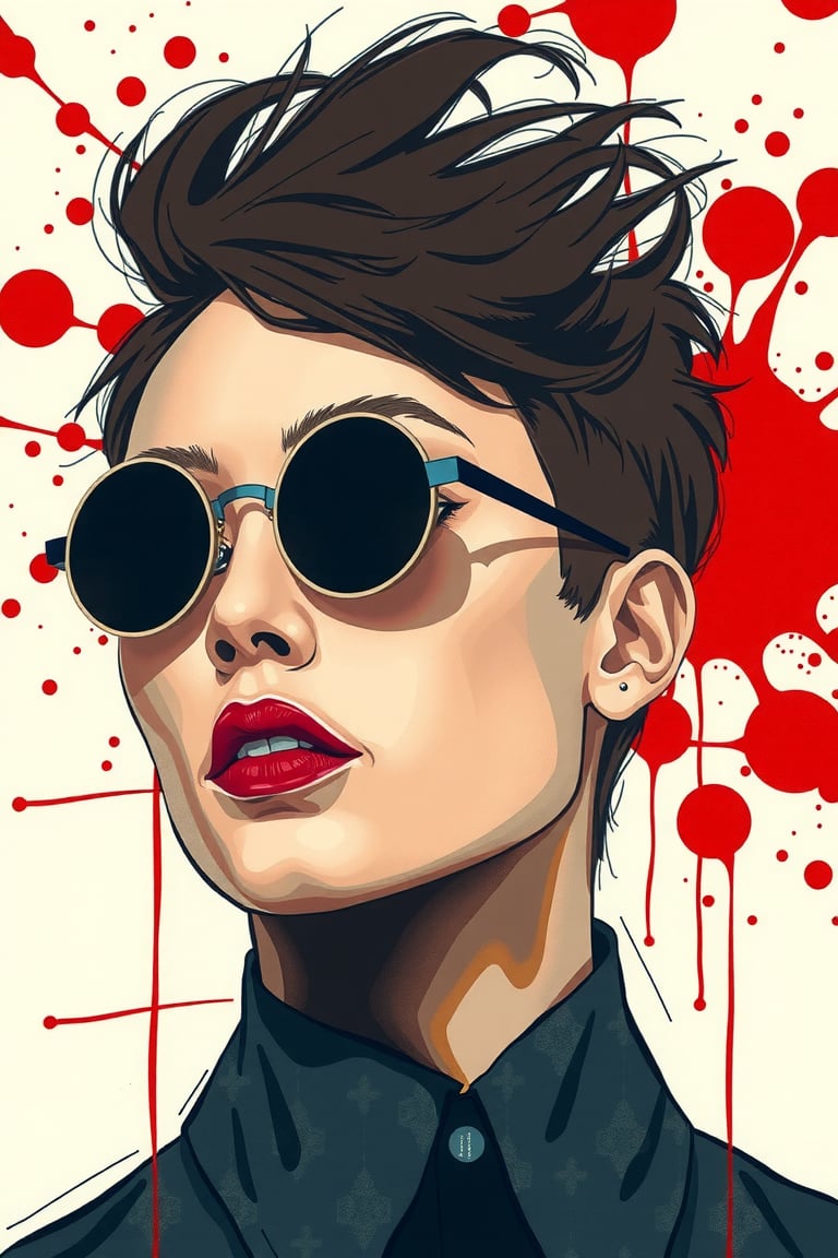 The image presented is a stylized portrait of a person. The individual appears to be wearing round sunglasses with a reflective surface, and the facial expression is contemplative or introspective. The person's hair is styled in a messy, swept-back manner, adding to the artistic and somewhat edgy aesthetic of the image. The background is abstract, featuring red and white splatters that suggest a sense of motion or chaos. These elements combined give the impression of a modern, graphic illustration that might be associated with contemporary art styles or fashion design.,

painting, paper texture, sketch, ART_painting, colored pencil, art,watercolor paper, watercolor