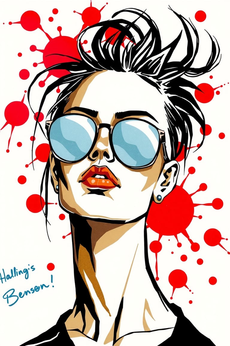 The image presented is a stylized portrait of a person. The individual appears to be wearing round sunglasses with a reflective surface, and the facial expression is contemplative or introspective. The person's hair is styled in a messy, swept-back manner, adding to the artistic and somewhat edgy aesthetic of the image. The background is abstract, featuring red and white splatters that suggest a sense of motion or chaos. These elements combined give the impression of a modern, graphic illustration that might be associated with contemporary art styles or fashion design.,

painting, paper texture, sketch, ART_painting, colored pencil, art,watercolor paper, watercolor