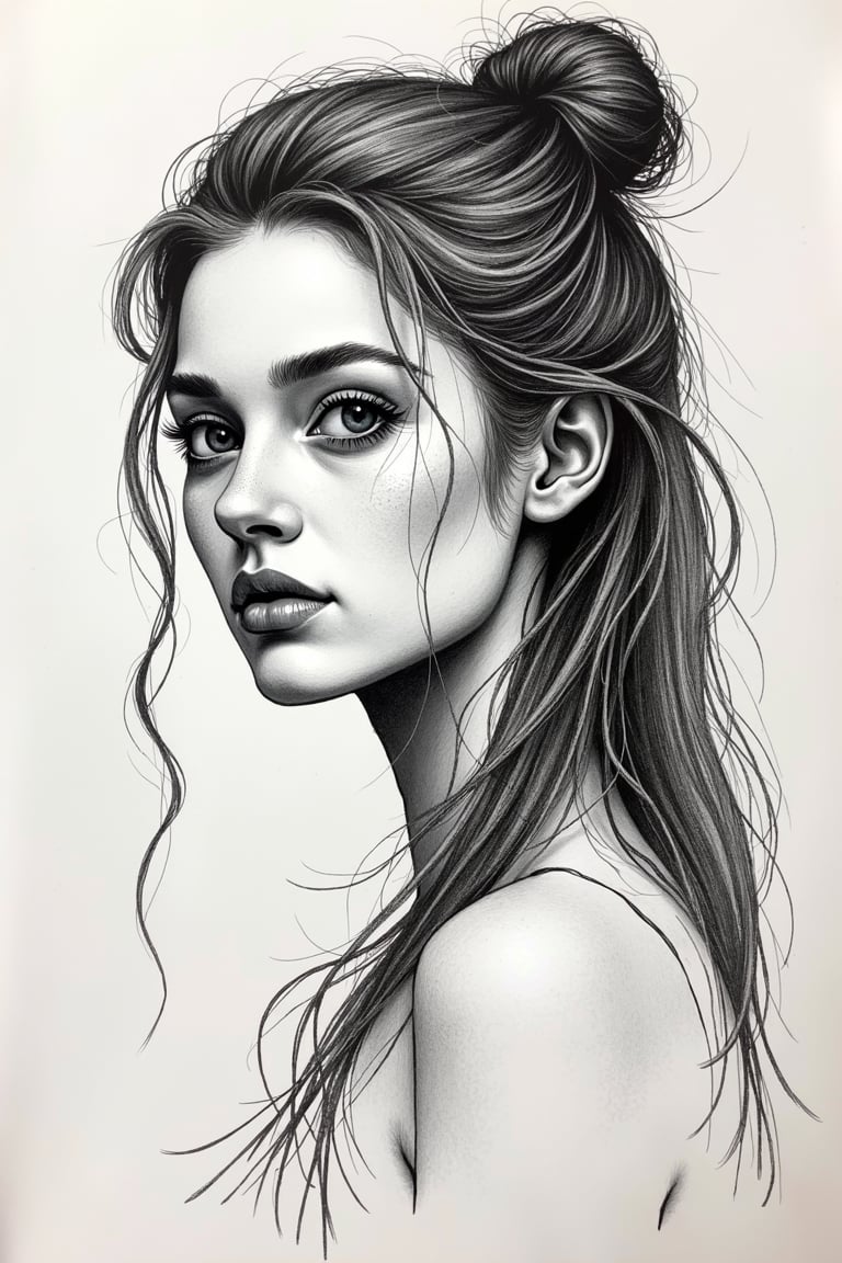 (((drawing with rough lines and strokes, ink and marker drawing))), 1girl, solo, long hair, looking at viewer, closed mouth, monochrome, upper body, greyscale, hair bun, from side, lips, traditional media, single hair bun, portrait, nose, The style of the drawing is reminiscent of sketching techniques used in traditional art practices. elaborate strokes, neat hatching, lines, graphics, ((academic drawing)), monumental graphics, art school, many lines, complex detailed drawing, construction, chiaroscuro, light and shadow, Accent in red

painting, paper texture, sketch, ART_painting, colored pencil, art