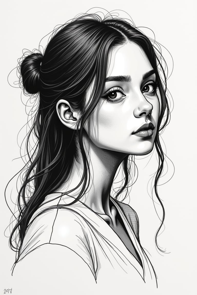 (((drawing with rough lines and strokes, ink and marker drawing))), 1girl, solo, long hair, looking at viewer, closed mouth, monochrome, upper body, greyscale, hair bun, from side, lips, traditional media, single hair bun, portrait, nose, The style of the drawing is reminiscent of sketching techniques used in traditional art practices. elaborate strokes, neat hatching, lines, graphics, ((academic drawing)), monumental graphics, art school, many lines, complex detailed drawing, construction, chiaroscuro, light and shadow, Accent in red

painting, paper texture, sketch, ART_painting, colored pencil, art