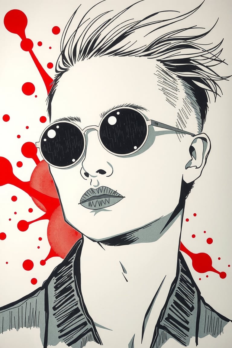 The image presented is a stylized portrait of a person. The individual appears to be wearing round sunglasses with a reflective surface, and the facial expression is contemplative or introspective. The person's hair is styled in a messy, swept-back manner, adding to the artistic and somewhat edgy aesthetic of the image. The background is abstract, featuring red and white splatters that suggest a sense of motion or chaos. These elements combined give the impression of a modern, graphic illustration that might be associated with contemporary art styles or fashion design.,

painting, paper texture, sketch, ART_painting, colored pencil, art,watercolor paper, watercolor