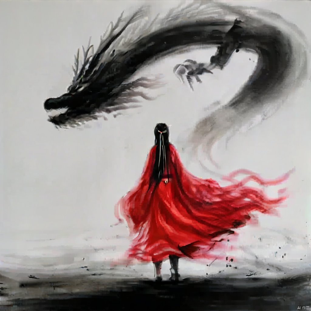 1girl,red dress,dragon,ink painting,