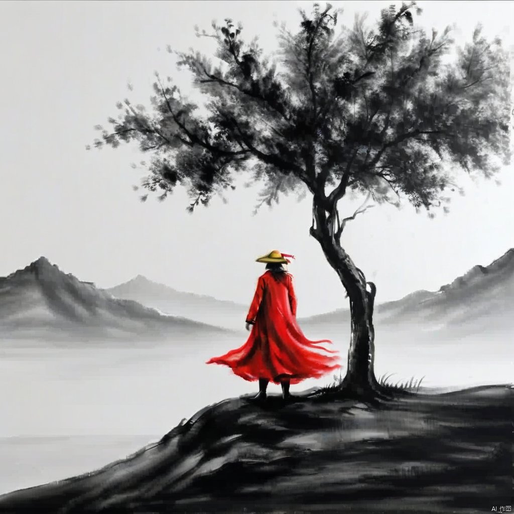 ,tree,mountains,ink painting,a drawing of luffy crouched with his hand holding onto the straw hat,the straw hat covers the face,cry,front view,red coat,yellow straw hat,
