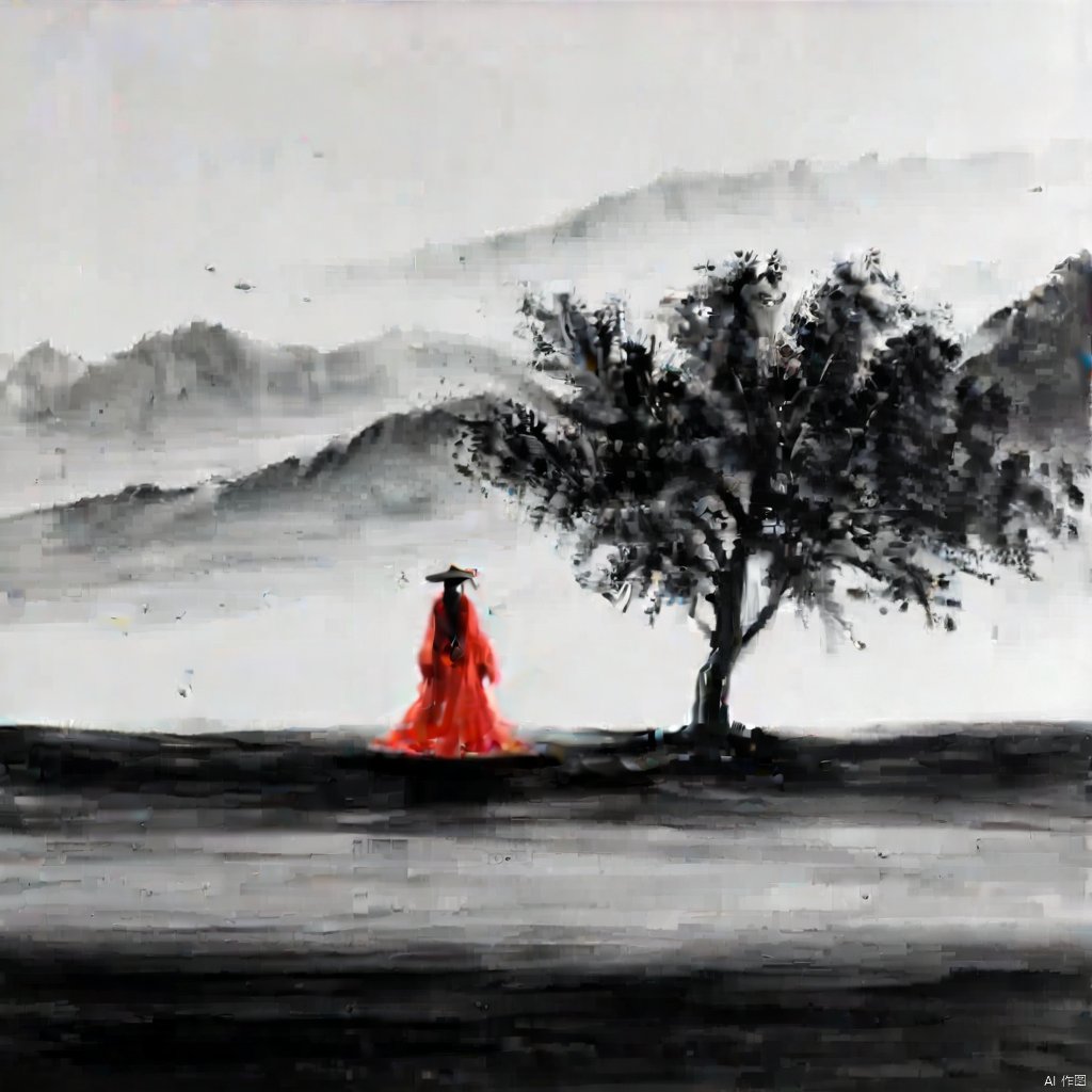 ,tree,mountains,ink painting,a drawing of luffy crouched with his hand holding onto the straw hat,the straw hat covers the face,cry,front view,red coat,yellow straw hat,
