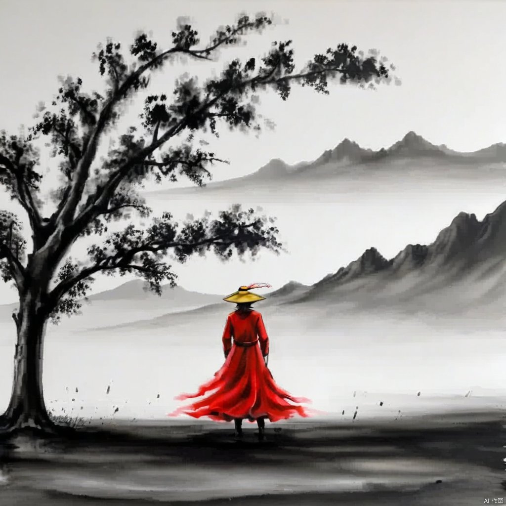 ,tree,mountains,ink painting,a drawing of luffy crouched with his hand holding onto the straw hat,the straw hat covers the face,cry,front view,red coat,yellow straw hat,
