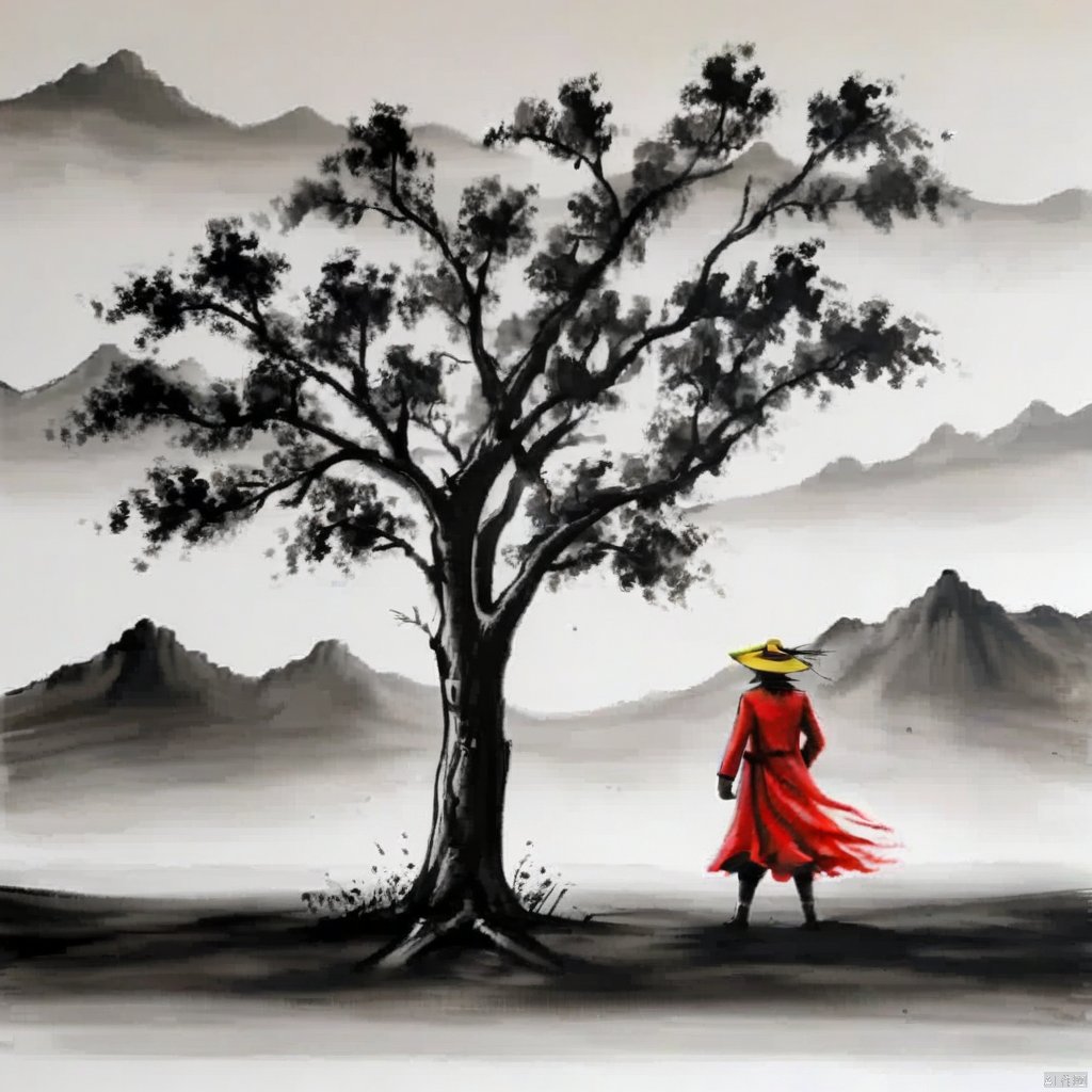 ,tree,mountains,ink painting,a drawing of luffy crouched with his hand holding onto the straw hat,the straw hat covers the face,cry,front view,red coat,yellow straw hat,
