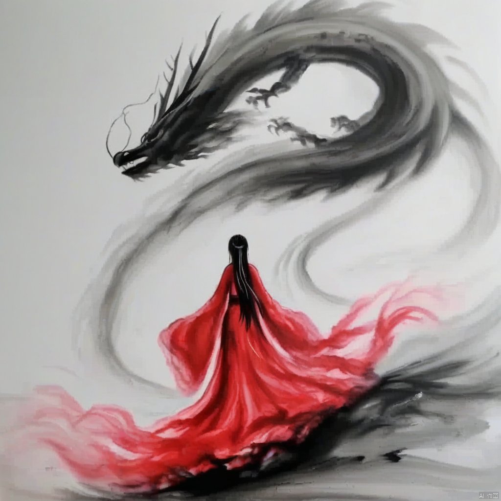 1girl,red dress,dragon,ink painting,
