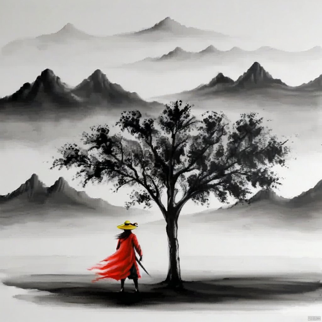 ,tree,mountains,ink painting,a drawing of luffy crouched with his hand holding onto the straw hat,the straw hat covers the face,cry,front view,red coat,yellow straw hat,
