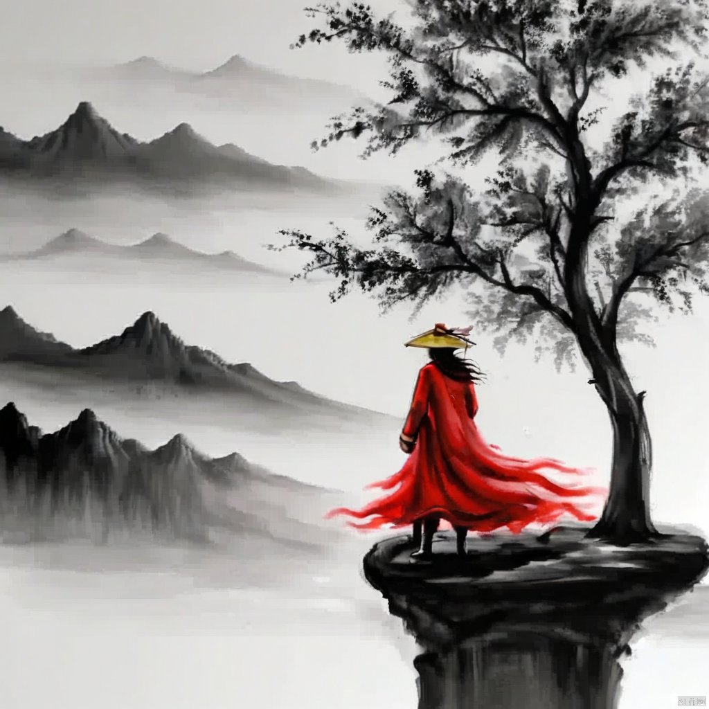 ,tree,mountains,ink painting,a drawing of luffy crouched with his hand holding onto the straw hat,the straw hat covers the face,cry,front view,red coat,yellow straw hat,
