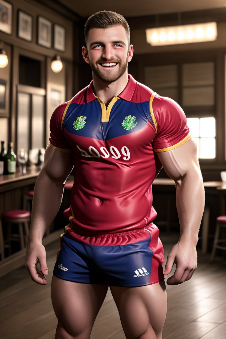 Liamman, a rugged English gent, beams with joy as he cheers at the pub. His short hair and brown facial hair are perfectly groomed. He's dressed in a rugby shirt and shorts, blending seamlessly into the faded crowd behind him. Soft glow effect adds depth to this UHD masterpiece, capturing Liamman's genuine happiness. Professional photo captures his joyful moment in stunning detail.