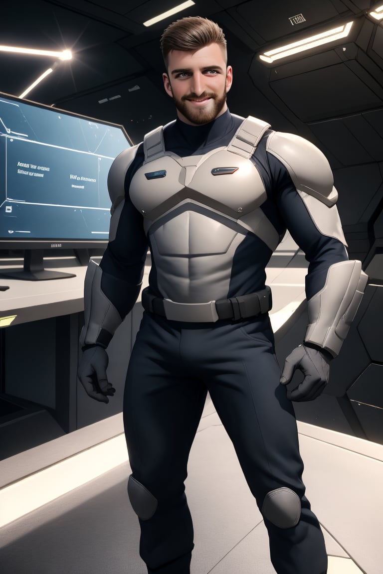 Liamman stands confidently in the high-tech room, his chiseled features and charming smile radiating charisma. Brown facial hair frames his strong jawline, while short hair accentuates his piercing eyes. He wears a sleek sci-fi armor chestplate and pants, amidst intricate, highly-detailed computers and futuristic contraptions. A UHD screen glows in the background, creating a dynamic depth of field effect. The overall atmosphere is one of entertaining fun, with Liamman's pose exuding a sense of excitement and adventure.