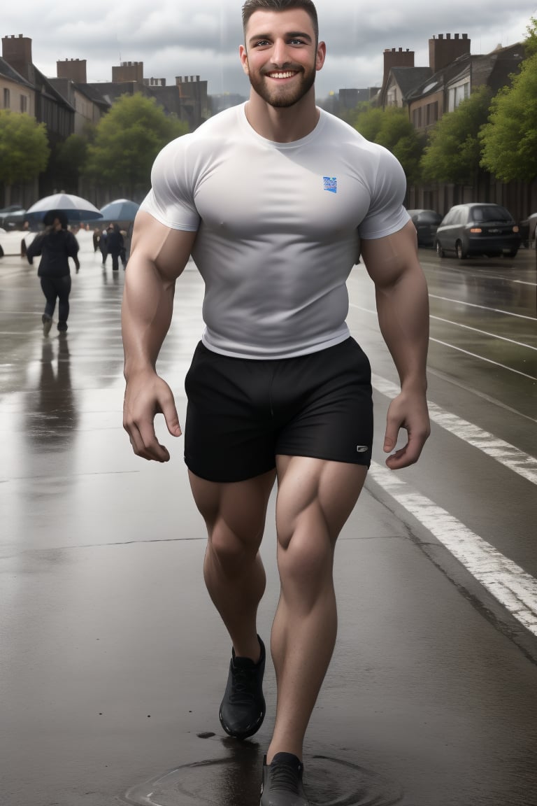 Liamman strides confidently through the faded urban park, his muscular physique evident beneath his fitted shirt and baggy shorts. His charismatic smile shines bright, contrasting with the rainy weather that casts a moody tone on the scene. Brown facial hair adds to his rugged charm as he walks in the rain, surrounded by vibrant reflections on wet pavement. In the background, a rainbow arcs across the sky, adding a pop of color to the dynamic composition. The camera captures Liamman's handsome features up close, with a shallow depth of field that blurs the surroundings, drawing attention to his super fun and entertaining vibe. The photo exudes a sense of originality, as if frozen in time from an iconic masterpiece.