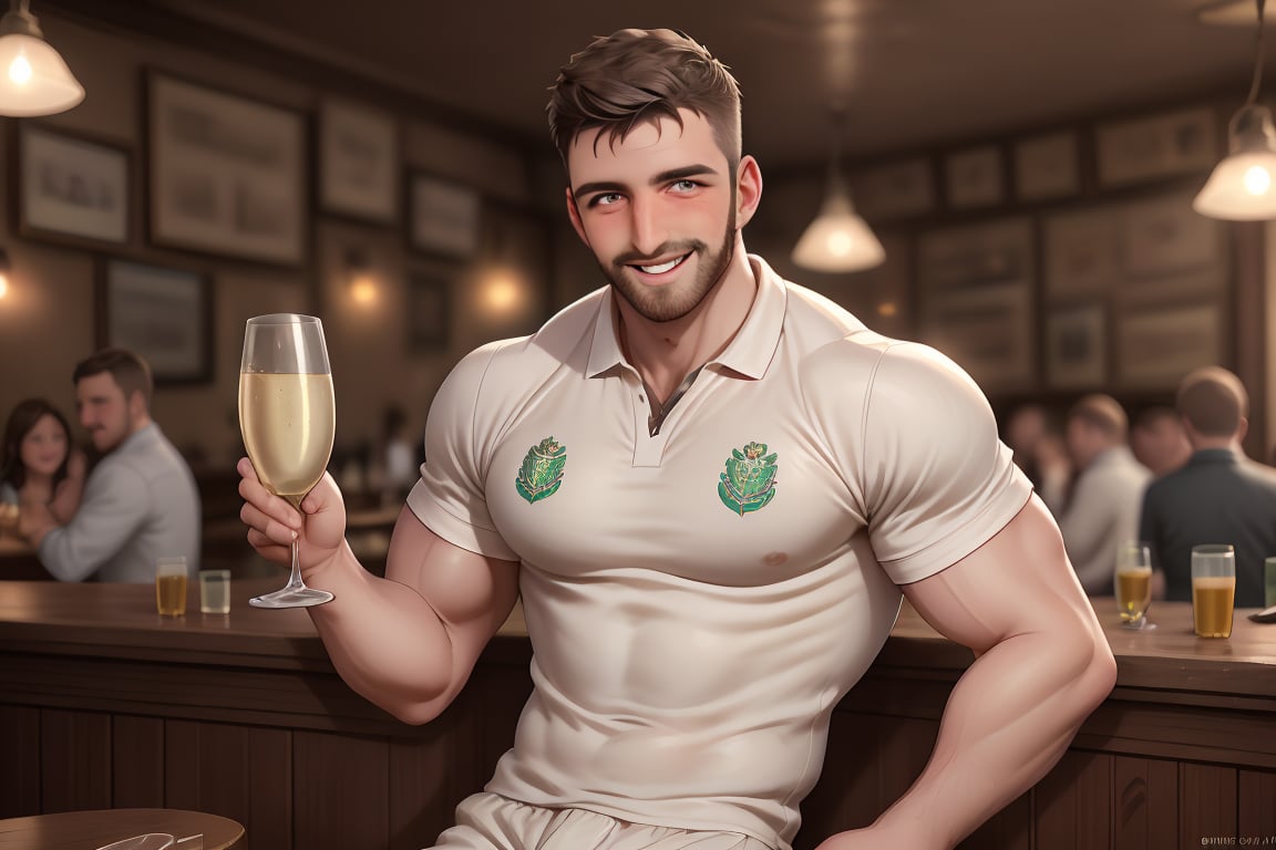 Liamman, a charismatic English male, strikes a pose for an UHD professional portrait, his rugged elegance exuding confidence. A charming smile frames his handsome face, taking center stage against the blurred, faded crowd in a lively pub. The rugby shirt he wears adds a touch of casual sophistication. Shallow depth of field creates intimacy, focusing attention on Liamman's captivating features as he savors the happy atmosphere, surrounded by joyous partygoers celebrating with champagne toasts and joyful laughter.