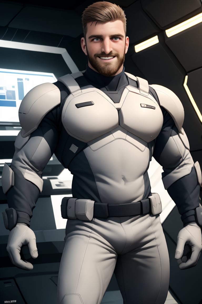 Liamman stands confidently in the high-tech room, his chiseled features and charming smile radiating charisma. Brown facial hair frames his strong jawline, while short hair accentuates his piercing eyes. He wears a sleek sci-fi armor chestplate and pants, amidst intricate, highly-detailed computers and futuristic contraptions. A UHD screen glows in the background, creating a dynamic depth of field effect. The overall atmosphere is one of entertaining fun, with Liamman's pose exuding a sense of excitement and adventure.