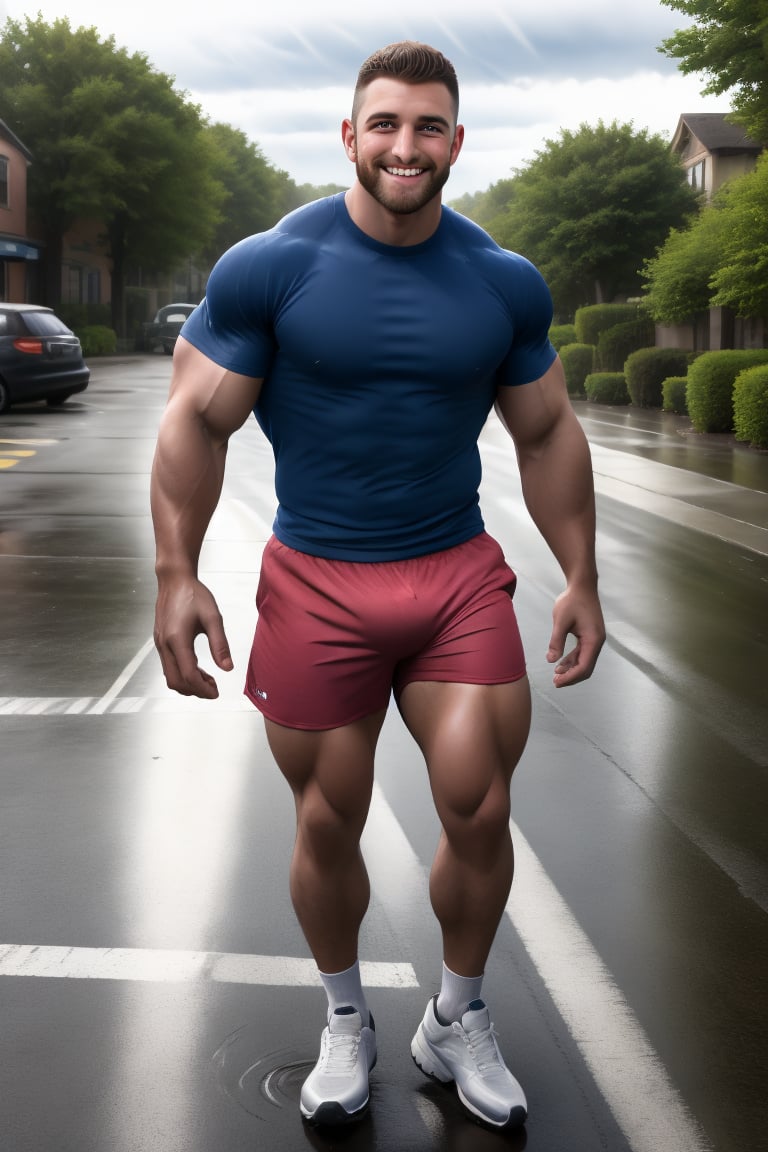 Liamman strides confidently through the rain-soaked urban park, his muscular physique evident beneath his fitted shirt and baggy shorts. A charismatic smile spreads across his chiseled face, brown facial hair accentuating his features. His short hair is tousled by the gentle rain, which creates a stunning visual contrast with the vibrant rainbow arcing above. The worn sneakers on his feet add a touch of casual charm to his ensemble. In the background, reflections dance across the wet pavement, adding depth and movement to the scene. The photographer's lens captures every detail in crisp UHD, as Liamman strikes a pose that exudes super fun and entertaining energy.