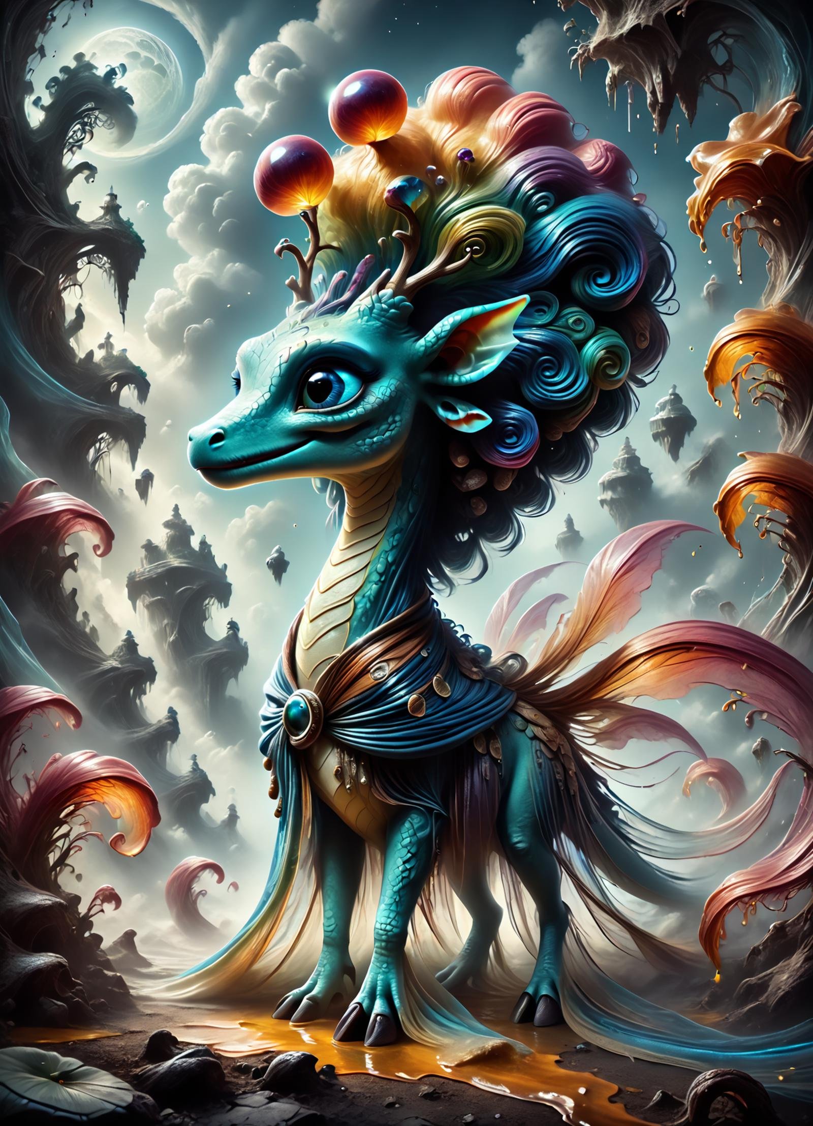 DonMV31l0fD4rkn355XL , score_9, score_8_up, score_7_up, score_6_up, female qilin, Mythical chimeric creature, dragon-like head,  hooves of a deer, tail of an ox, covered in brilliantly colored scales,  symbol of good luck and prosperity, gentle, powerful, wise, just, ageless, well-proportioned, afro-caribbean, light blue eyes, unusual ears,  cleft chin,  dimpled cheeks,     vintage-inspired makeup , honey blonde pixie cut hair, smile, absorbing wisdom from an enchanted tree, standing with reverence,  illusionist, precognition , inscribing talismans with symbols, imbuing them with specific powers, glowing runes, radiant aura, a school of dolphins gracefully swimming through open waters, their playful antics captivating all who witness them, rating_safe  <lora:DonMV31l0fD4rkn355XL-pony:0.8>