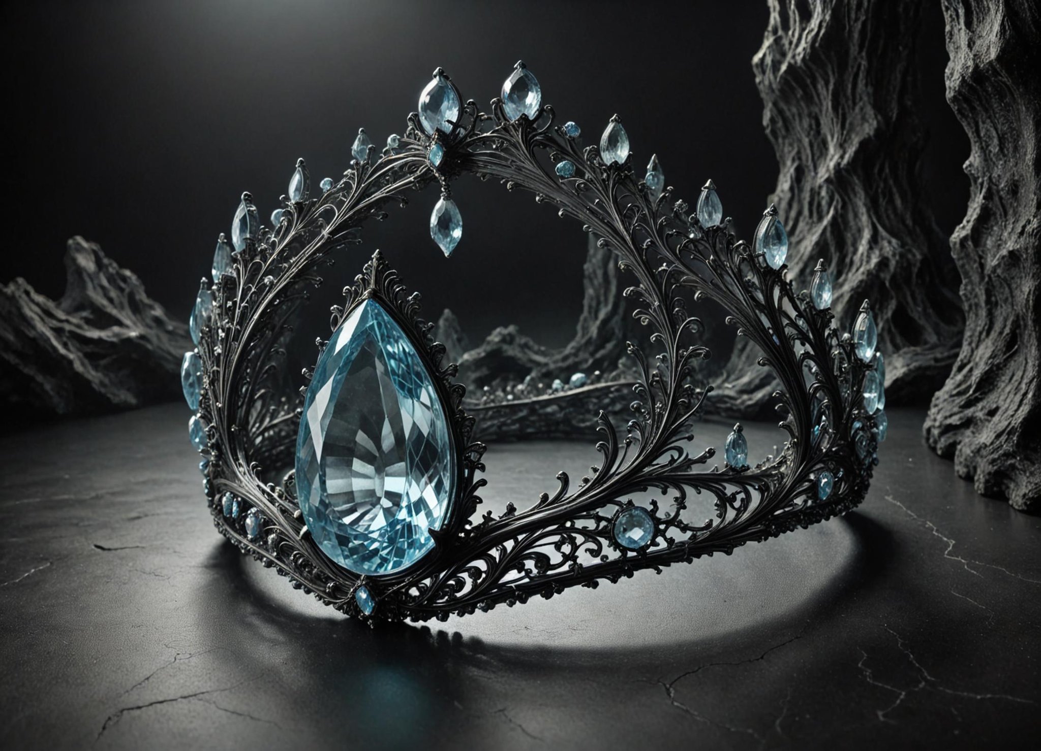 DonMV31l0fD4rkn355XL diadem, glanceable included (i3) aquamarine, portguese cut, mixed cut facets, 30.00 carat, enchanting,    lustrous, carbon fiber, durable, ruggedness, color enhancement, trellis setting, indigenous, hard to find, gothic, gothic revival, spiritual and meditation  <lora:DonMV31l0fD4rkn355XL:1>