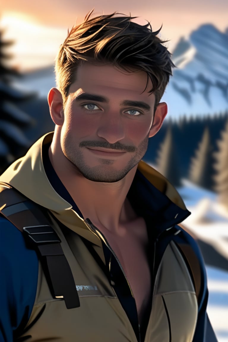 (realistic, masterpiece, high quality, best quality), solo focus, 1man, English, (muscular fighter, wearing adventure clothes), looking to the side while focused, hands at the sides of body, side-standing, ((dynamic )), outdoors, snowing, sky, aurora, cold, ((realistic, photo, fix realistic intricate real male head hair skin nose eyes mouth facialhair)), golden eyes, real black hair , ((highres, uhd(, colorful, depth of field, new, newest, bokeh)),ollie