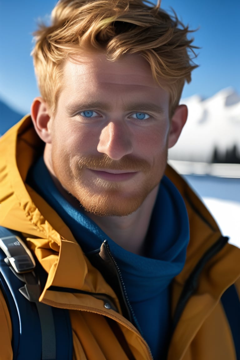 (realistic, masterpiece, high quality, best quality), solo focus, 1man, English, (muscular wizard, wearing adventure clothes), looking to the side while focused, hands at the sides of body, side-standing, ((dynamic )), outdoors, snowing, sky, aurora, cold, ((realistic, photo, fix realistic intricate real male head hair skin nose eyes mouth facialhair)), blue eyes, real skin, real ginger hair , ((highres, uhd(, colorful, depth of field, new, newest, bokeh)),ollie