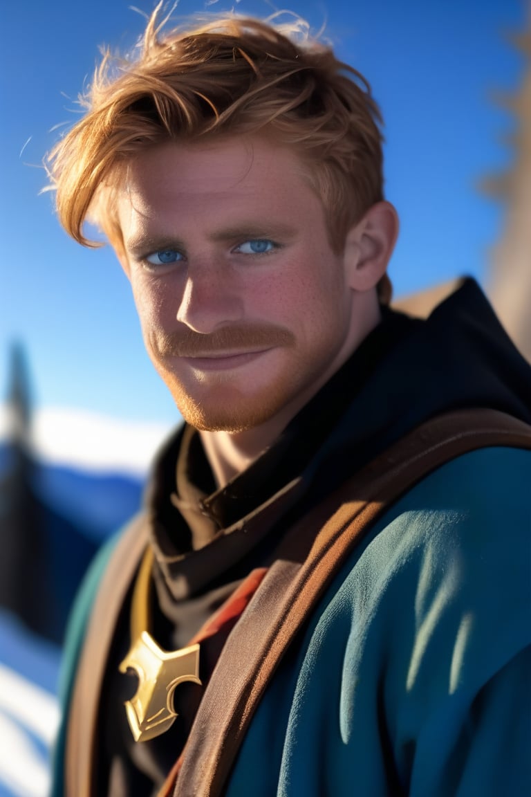 (realistic, masterpiece, high quality, best quality), solo focus, 1man, English, (warlock, D&D, wearing adventure clothes), looking to the side while focused, hands at the sides of body, side-standing, ((dynamic )), outdoors, snowing, sky, aurora, cold, ((realistic, photo, fix realistic intricate real male head hair skin nose eyes mouth facialhair)), blue eyes, real skin, real ginger hair , ((highres, uhd(, colorful, depth of field, new, newest, bokeh)),ollie