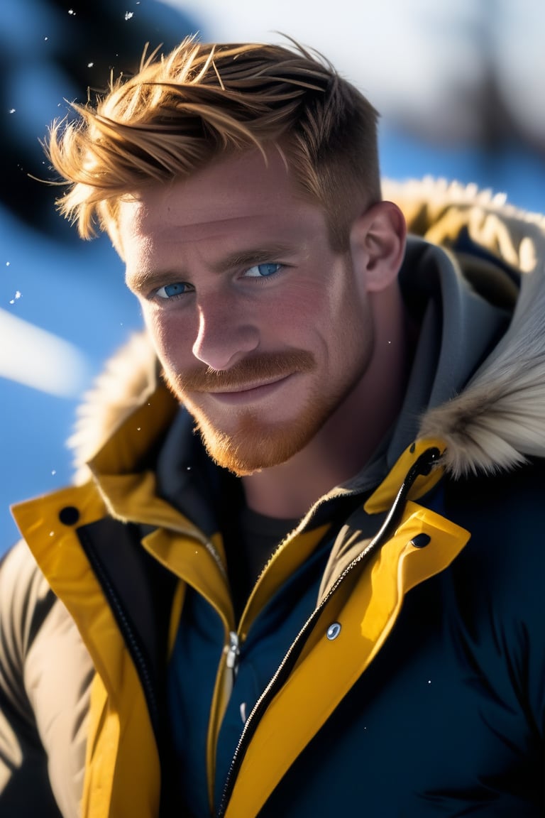 (realistic, masterpiece, high quality, best quality), solo focus, 1man, English, (muscular fighter, wearing adventure clothes), looking to the side while focused, hands at the sides of body, side-standing, ((dynamic )), outdoors, snowing, sky, aurora, cold, ((realistic, photo, fix realistic intricate real male head hair skin nose eyes mouth facialhair)), blue eyes, real ginger hair , ((highres, uhd(, colorful, depth of field, new, newest, bokeh)),ollie