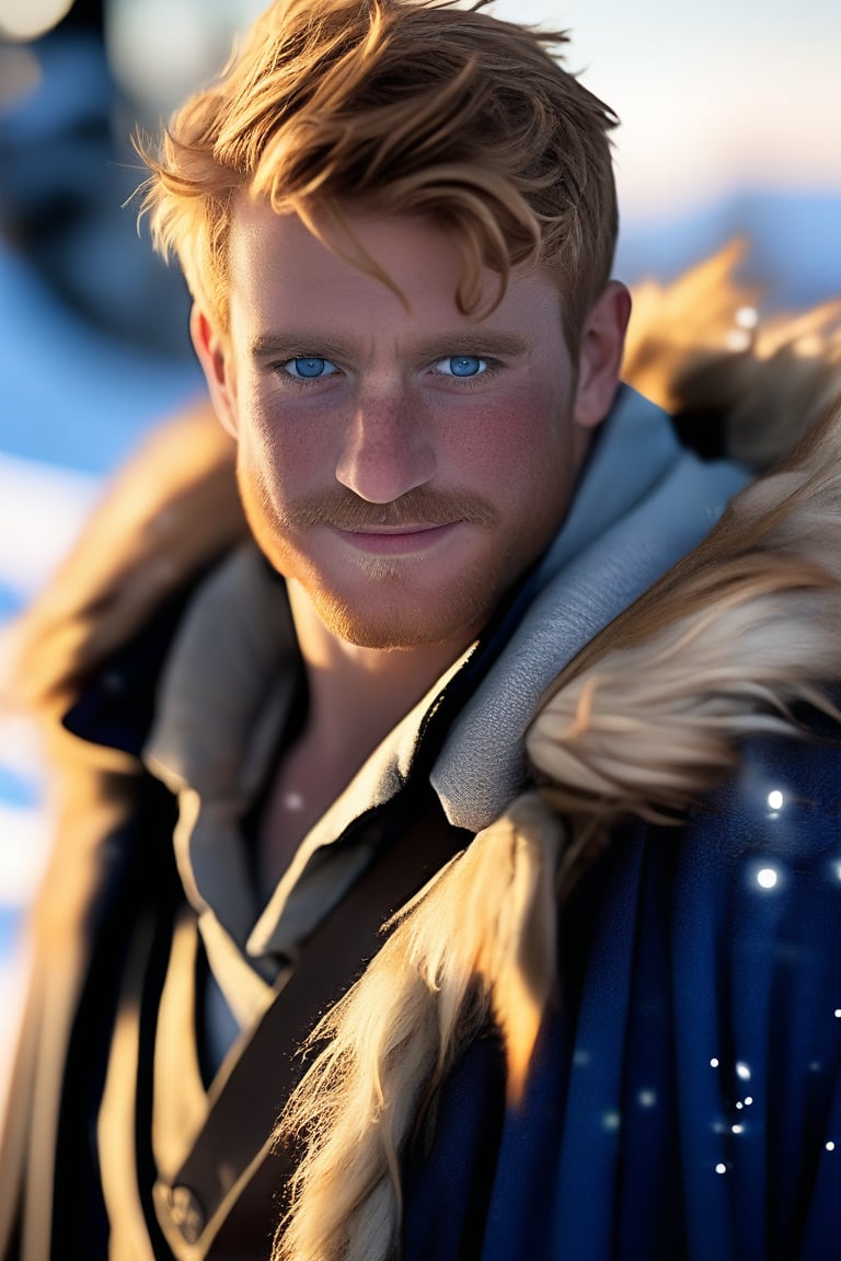 (realistic, masterpiece, high quality, best quality), solo focus, 1man, English, (warlock, D&D, wearing adventure clothes), looking to the side while focused, hands at the sides of body, side-standing, ((dynamic )), outdoors, snowing, sky, aurora, cold, ((realistic, photo, fix realistic intricate real male head hair skin nose eyes mouth beard facialhair)), blue eyes, real skin, real ginger hair , ((highres, uhd(, colorful, depth of field, new, newest, bokeh)),ollie