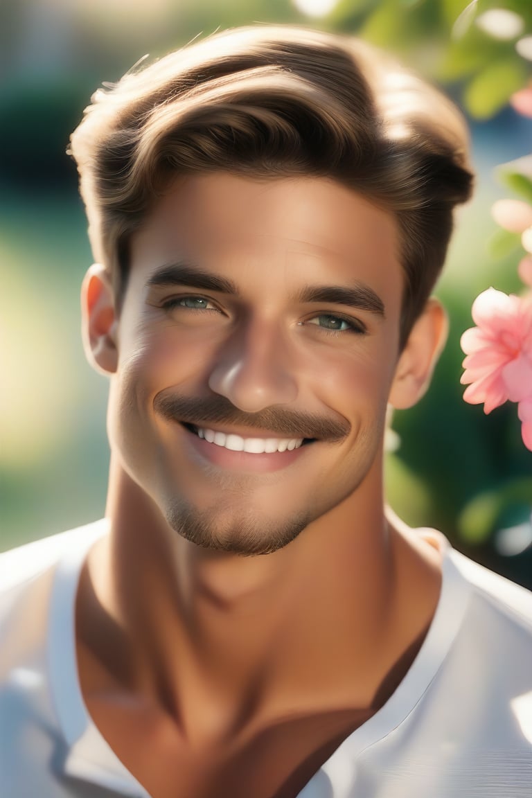  (masterpiece, only realistic, best quality), absurdperfect professional clear clean smooth sharp focus photo of a handsome masculine man called ollie in style, (perfect masculine face smile, expressive masculine eyes, real skin, masculine short hair), stylish pencil mustache, male focus,   (outdoors, daylight, garden, nature, plant, flower, tree, wind, sun beam ),   studio lighting, exceptional professional dynamic original new newest portrait, uhd, incredibly absurdres, symmetry is excellent, vibrant, colorful,  realism,