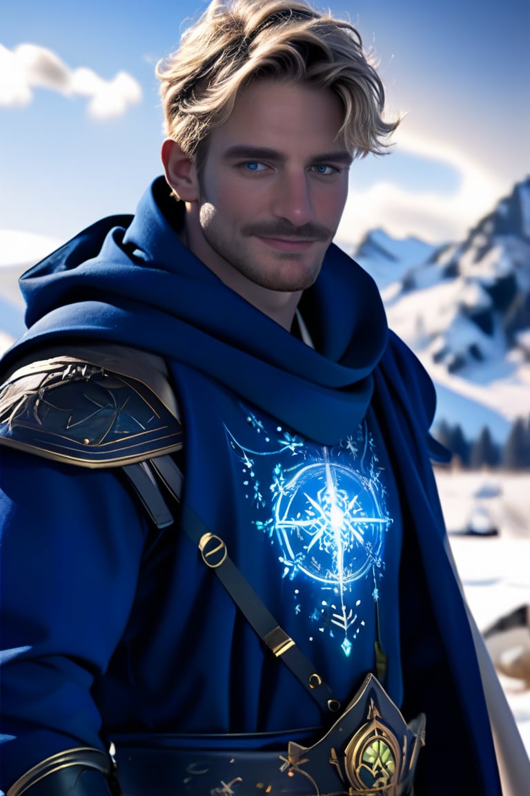 (realistic, masterpiece, high quality, best quality), solo focus, 1man, English, (warlock, wearing adveture clothes),  looking to the side while focused, hands at the sides of body, side-standing, ((dynamic )), outdoors, snowing, sky, aurora, cold,  ((realistic, photo, fix realistic intricate real male head hair skin nose eyes mouth facialhair)), blue eyes, real blond hair , ((highres, uhd(, colorful, depth of field, new, newest, bokeh)),ollie