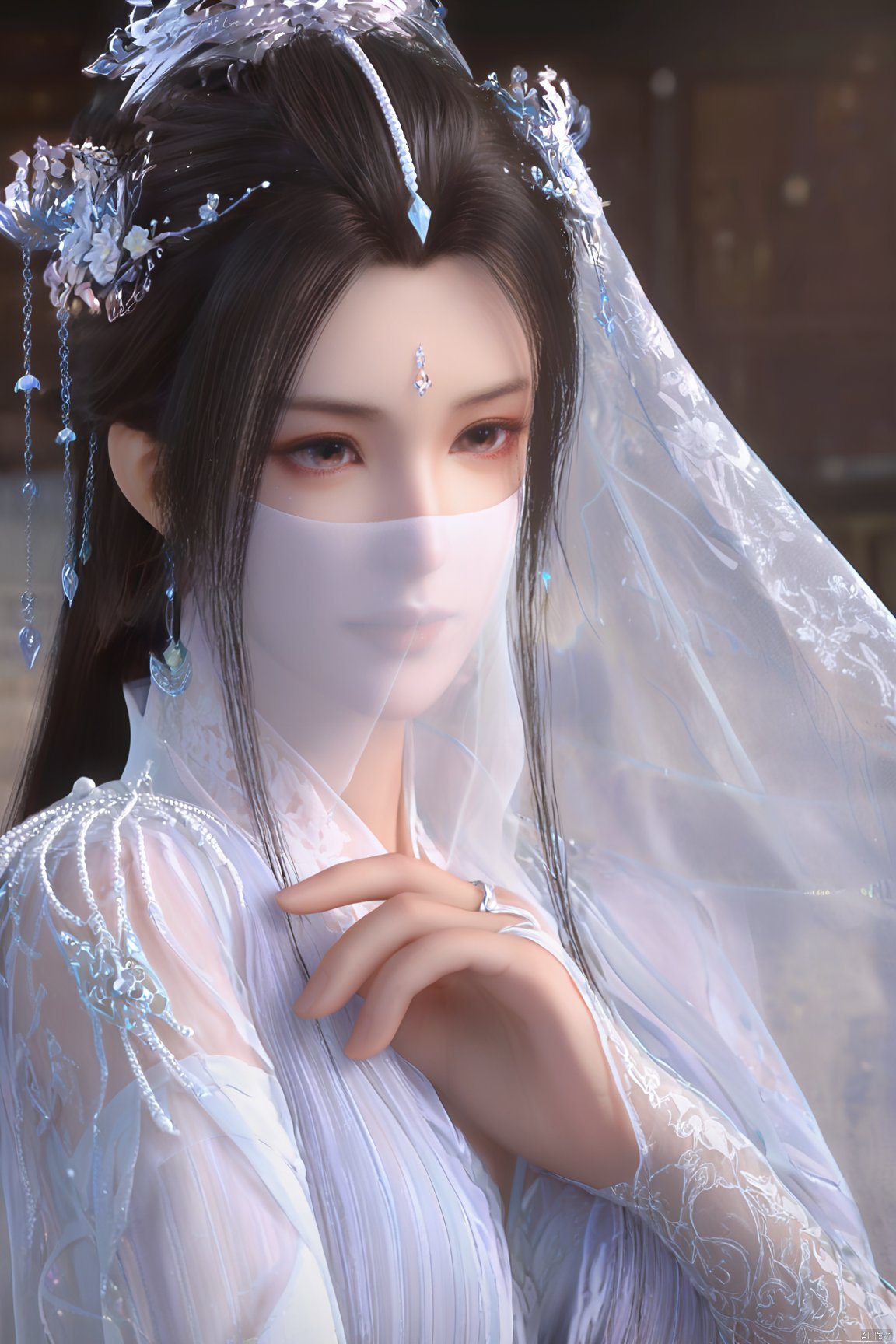 1girl, (veil:1.2), solo, jewelry, dress, hair ornament, forehead mark, looking at viewer, facial mark, perfect body, scenery, sharp focus, best quality, masterpiece, detailed outfit, illustration, perfect eyes, finely detailed beautiful anime eyes, realistic skin, intricate details, best lighting, depth of field, ultra high resolution,cowboy_shot, dynamic pose, dynamic angle,Xyueyao,(big breasts:1.89),