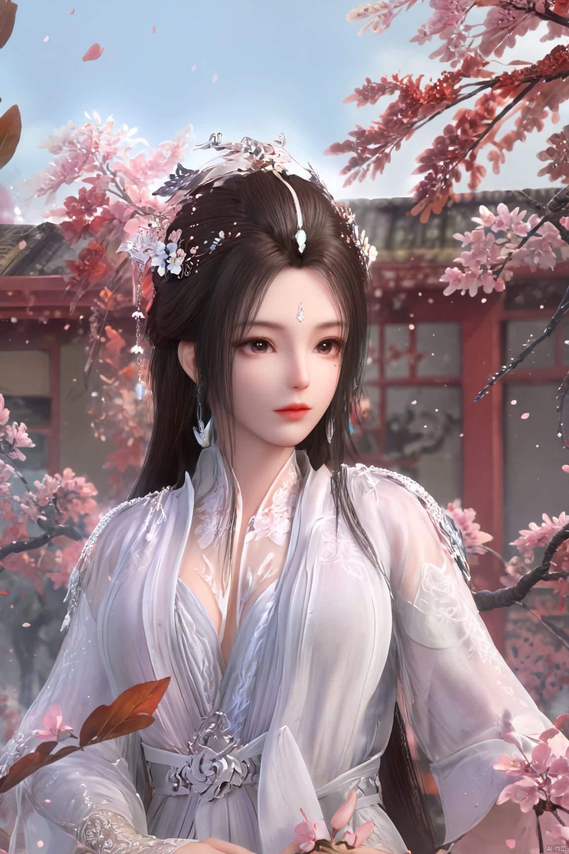 (1girl, ,best quality, ),looking at viewer,  ,ultra detailed 8k cg,ultra detailed background,ultra realistic 8k cg, ,masterpiece, ,science fiction,mole, ultra realistic 8k cg,(cherry blossoms, autumn leaves,perfect cherry blossom), (big breasts:1.59),Xyueyao