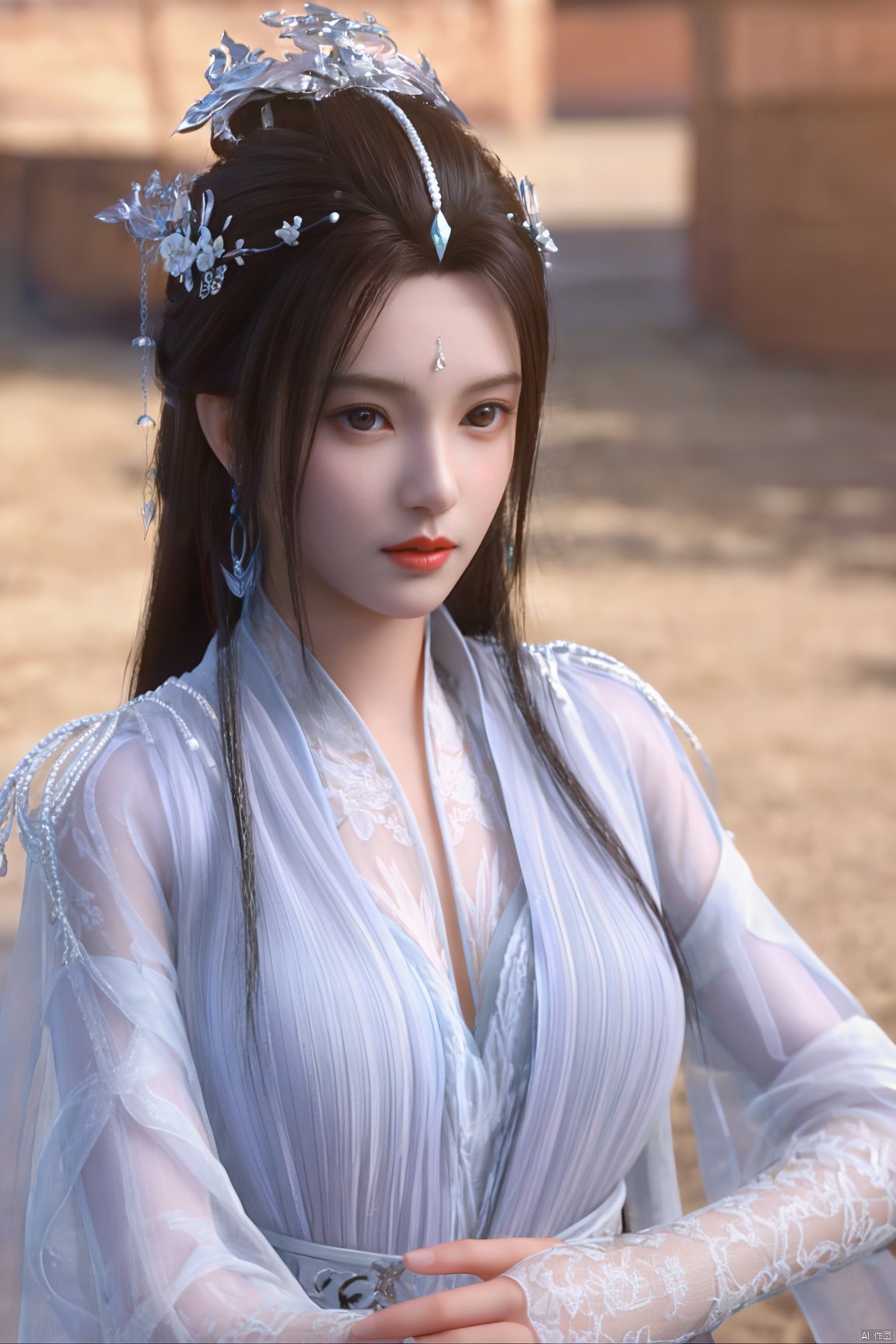 1girl, (veil:1.2), solo, jewelry, dress, hair ornament, forehead mark, looking at viewer, facial mark, perfect body, scenery, sharp focus, best quality, masterpiece, detailed outfit, illustration, perfect eyes, finely detailed beautiful anime eyes, realistic skin, intricate details, best lighting, depth of field, ultra high resolution,cowboy_shot, dynamic pose, dynamic angle,Xyueyao,(big breasts:1.69),