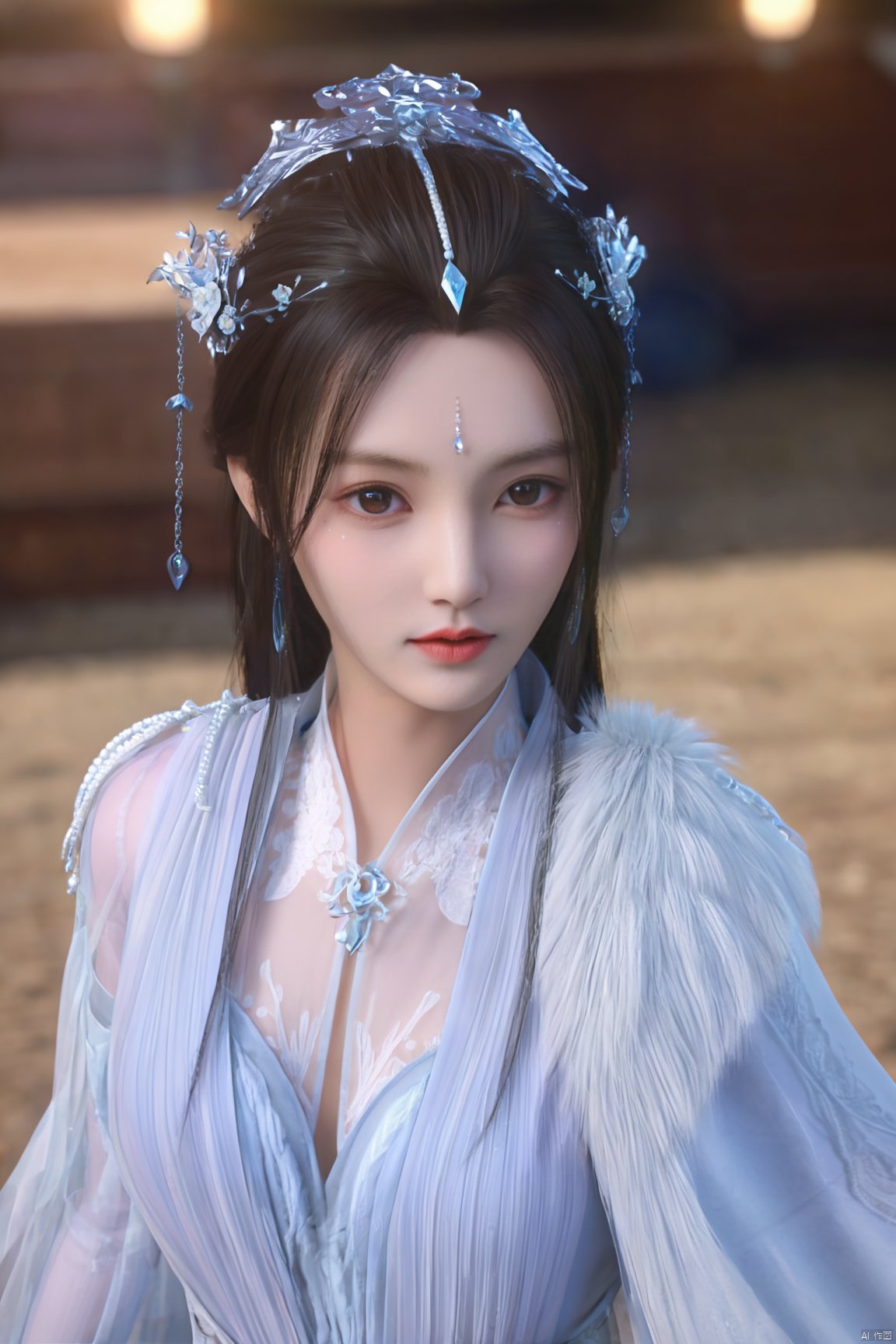 1girl, (veil:1.2), solo, jewelry, dress, hair ornament, forehead mark, looking at viewer, facial mark, perfect body, scenery, sharp focus, best quality, masterpiece, detailed outfit, illustration, perfect eyes, finely detailed beautiful anime eyes, realistic skin, intricate details, best lighting, depth of field, ultra high resolution,cowboy_shot, dynamic pose, dynamic angle,Xyueyao,(big breasts:1.69),