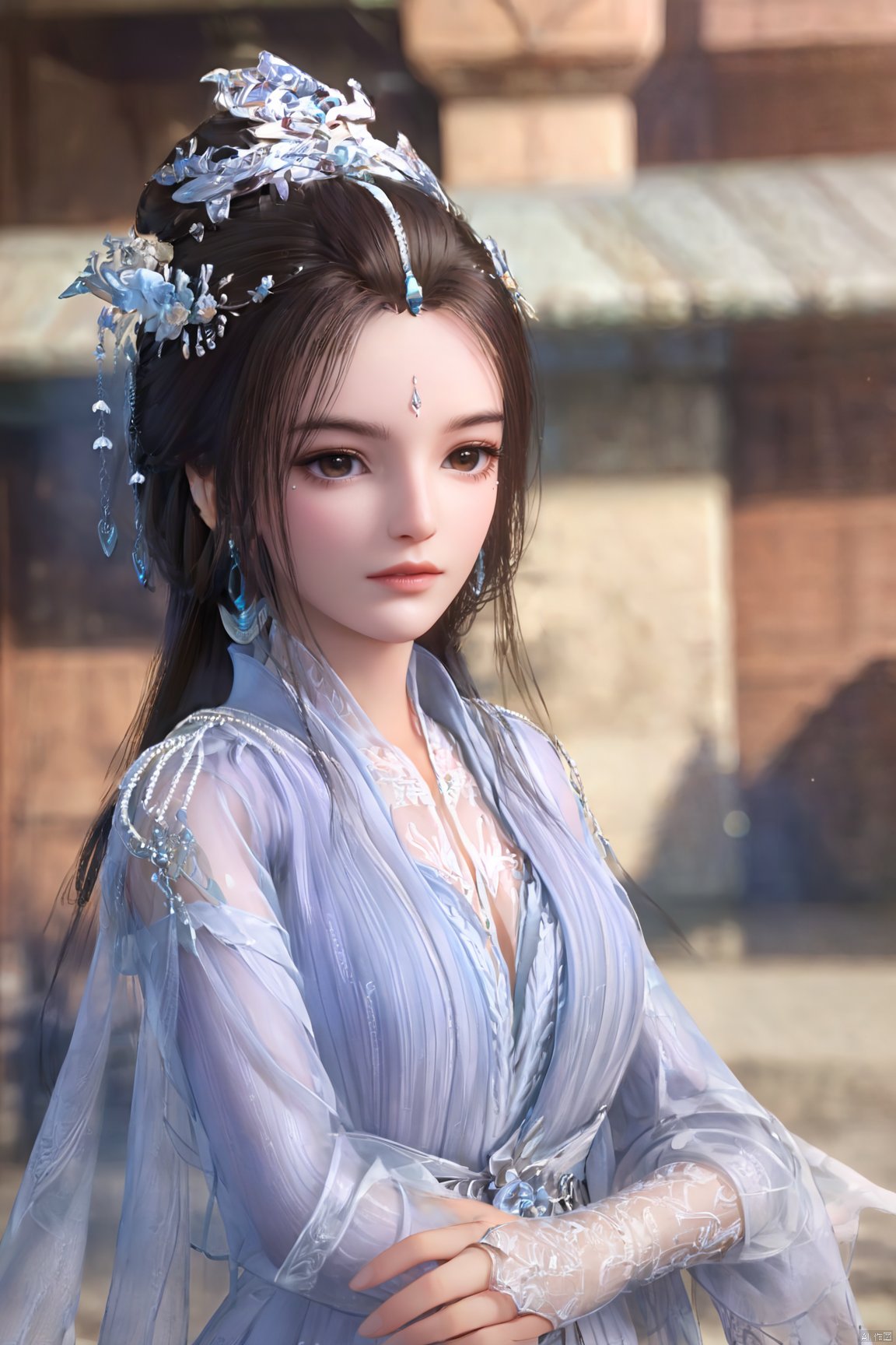 1girl, (veil:1.2), solo, jewelry, dress, hair ornament, forehead mark, looking at viewer, facial mark, perfect body, scenery, sharp focus, best quality, masterpiece, detailed outfit, illustration, perfect eyes, finely detailed beautiful anime eyes, realistic skin, intricate details, best lighting, depth of field, ultra high resolution,cowboy_shot, dynamic pose, dynamic angle,Xyueyao,(big breasts:1.89),