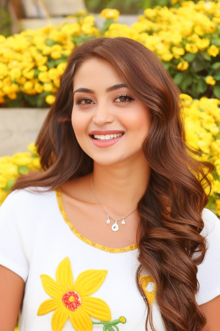 A woman is wearing a white top with yellow flowers on it. The woman has long brown hair and a nose ring. She has brown eyes and is smiling. 