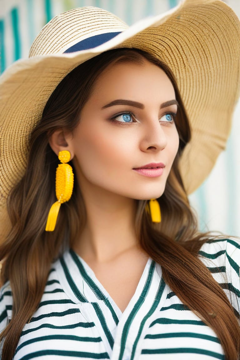 A woman is wearing a large straw hat. She has long brown hair and is wearing large yellow earrings. There is a striped shirt under the hat. The woman has blue eyes and is looking off to the side. 