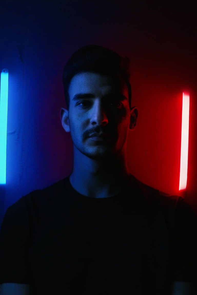 A man in front of a dark red and blue light. He is wearing a black shirt. The man has short dark hair