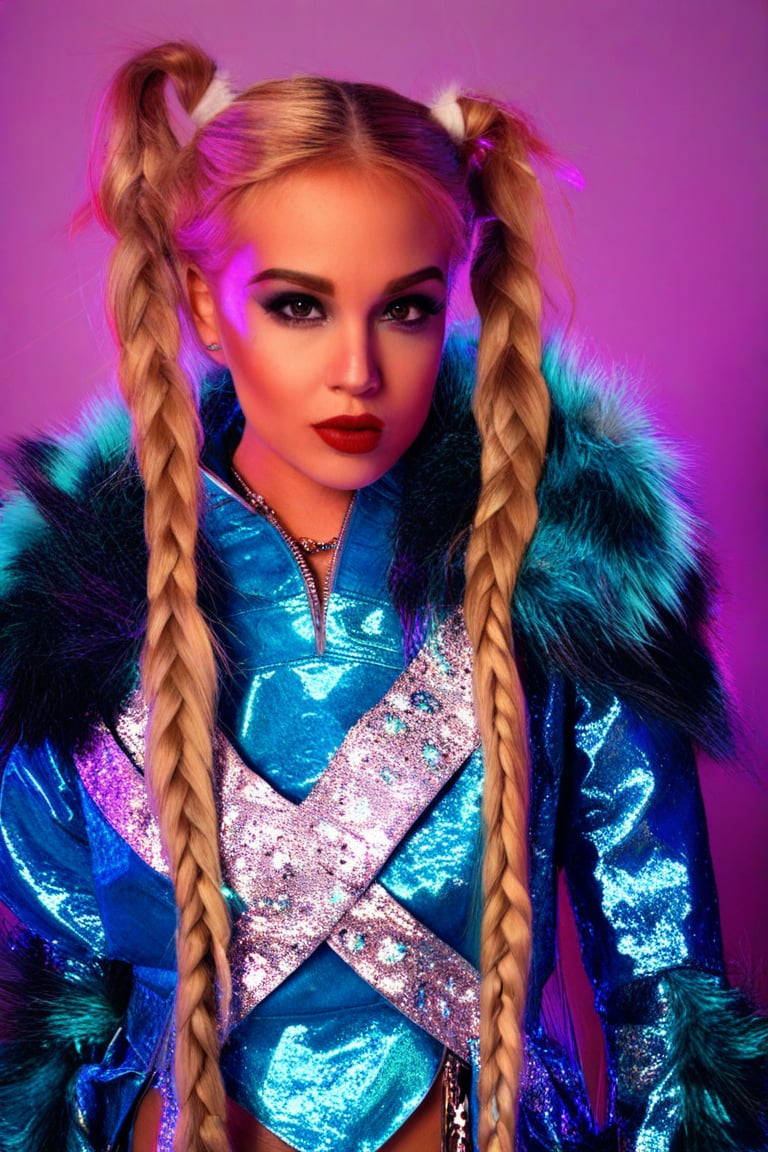 A woman is wearing a blue and silver outfit. There is a fur coat over the top of the outfit. The woman has long blonde hair that is styled in two braids.