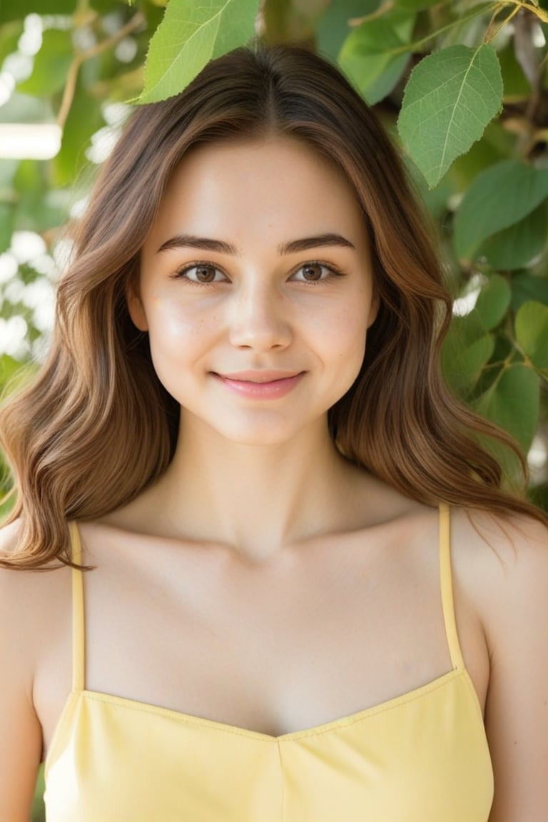 a portrait of a young woman.  She has long brown hair and is wearing a yellow spaghetti strap top.  Her eyes are brown and she has a slight smirk on her face.  There is a tree behind the woman with green leaves.  The woman is looking directly at the camera with a slight smile on her lips