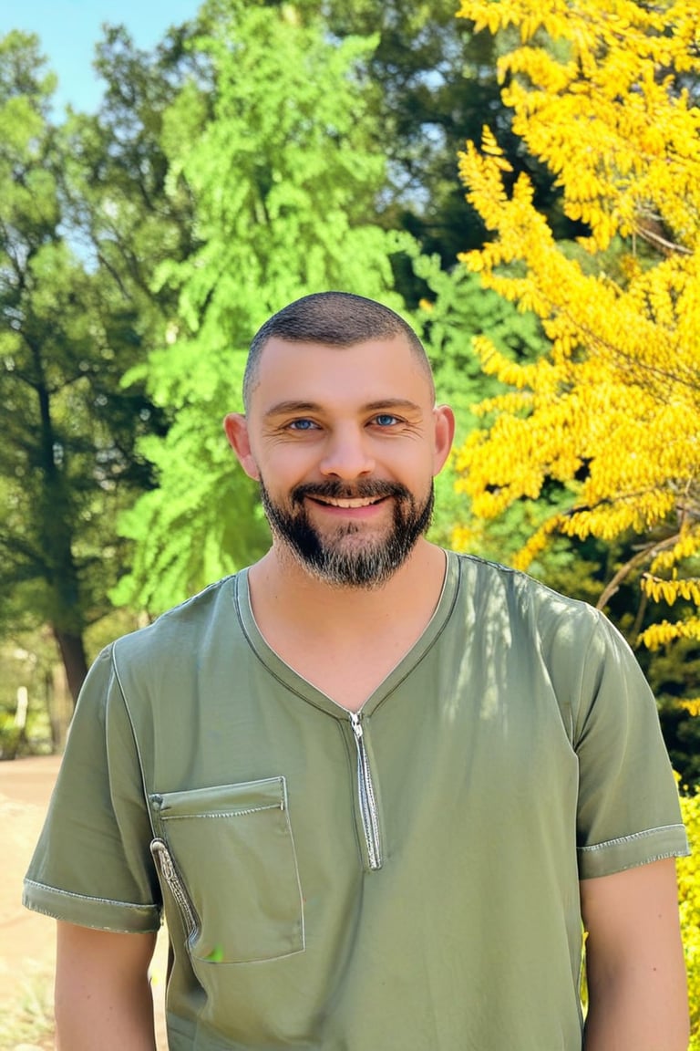 A man is standing outside in front of trees. He is wearing a short sleeve shirt and a silver necklace. The man has short hair and a beard. His eyes are blue and he has a slight smile on his face. The trees behind him are green and yellow