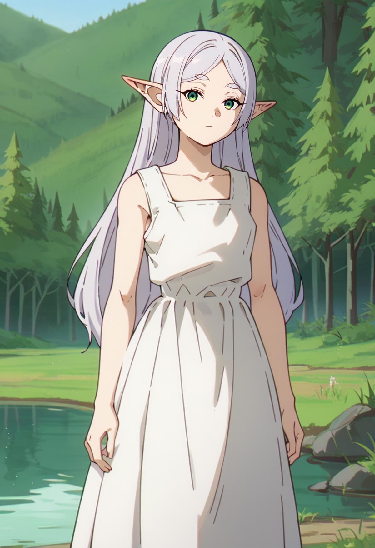 score_9, score_8_up, score_7_up,<lora:SousouNoFrieren_FrierenXL:0.9>, FrierenSSnF,1girl, solo, closed mouth,grey hair, long hair, green eyes, parted bangs, pointy ears, FrierenDress, white dress, sleeveless,standing, looking at the viewer, head tilt,lake, forest, scenery, nature