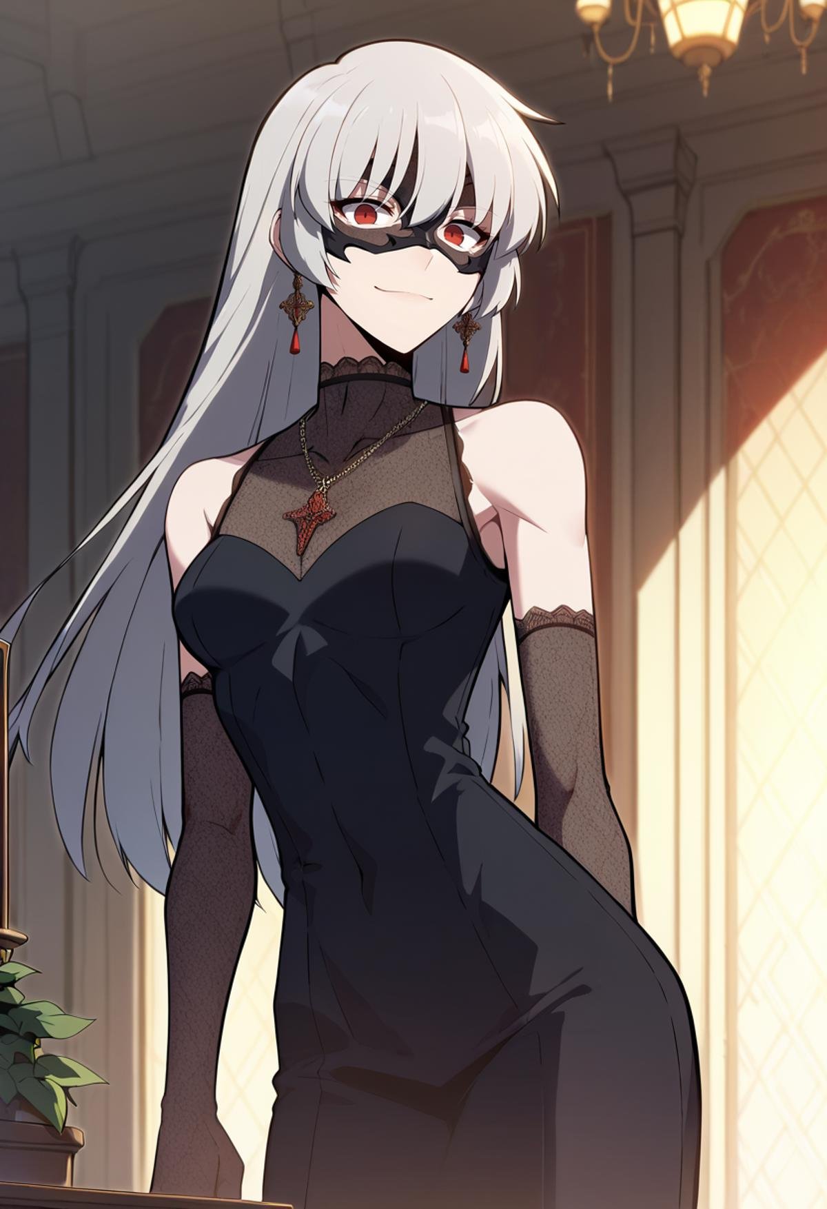 score_9, score_8_up, score_7_up,<lora:SoloMaxLevelNewbie_AliceXL:0.8>, AliceSMLN,1girl, solo, closed mouth, light smile, grey hair, long hair, red eyes,AliceHighClass, black dress, elbow gloves, mask, sleeveless, pendant, lace trim, earrings,standing, looking at the viewer, facing viewer, cowboy shot, thigh gap,indoors