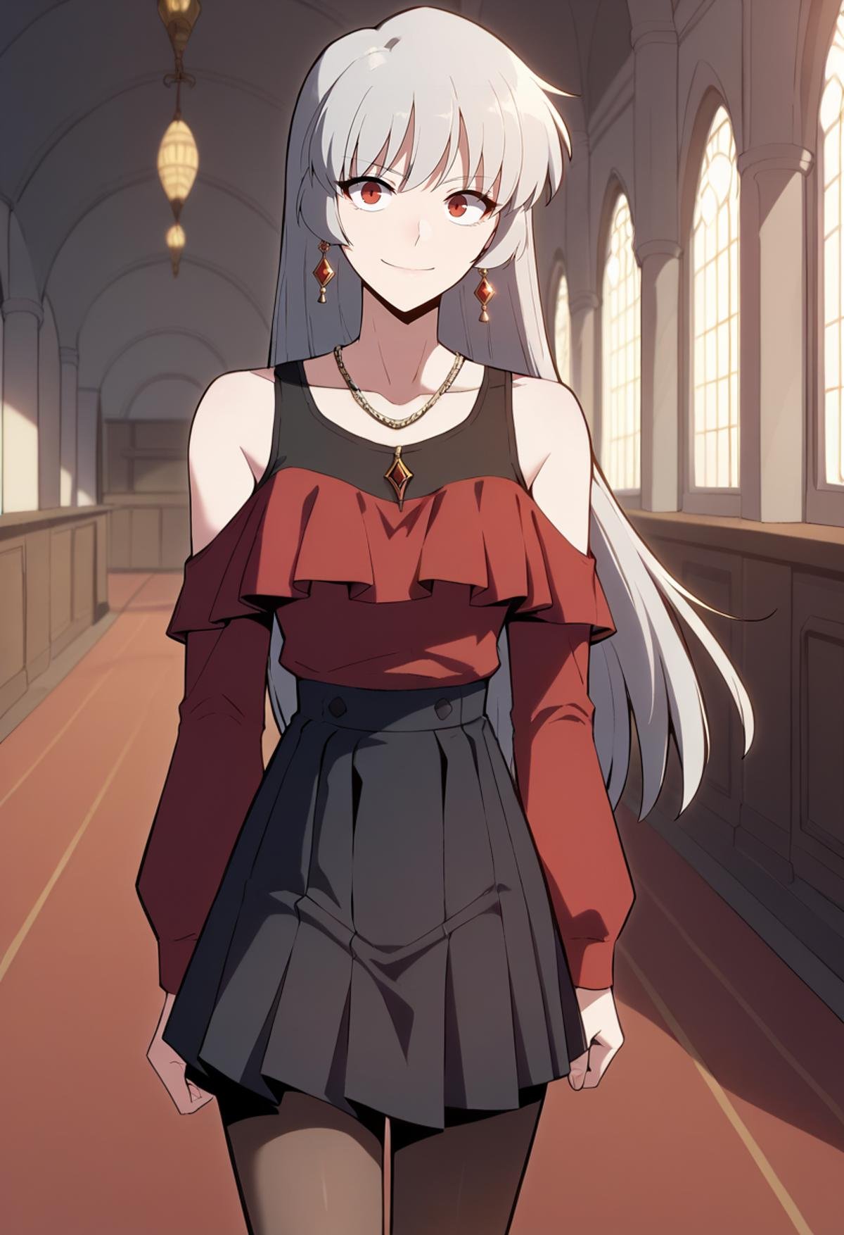 score_9, score_8_up, score_7_up,<lora:SoloMaxLevelNewbie_AliceXL:0.8>, AliceSMLN,1girl, solo, closed mouth, light smile,grey hair, long hair, red eyes,AliceParty, red shirt, black tank top, shirt tucked in, black skirt, high-waist skirt, pleated skirt, bare shoulders, off shoulder, collarbone, long sleeves, black pantyhose, earrings, necklace, frills, walking, looking at the viewer,indoors, ballroom