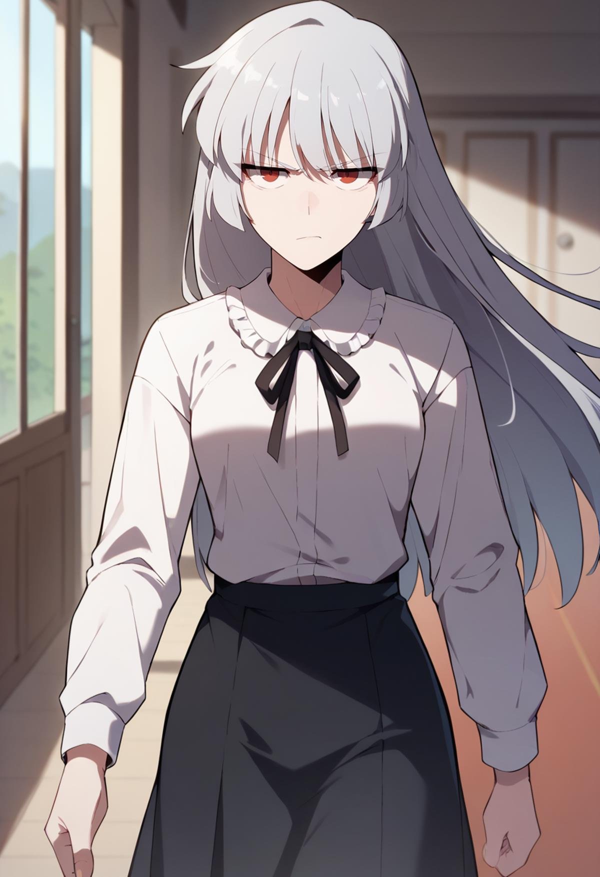 score_9, score_8_up, score_7_up,<lora:SoloMaxLevelNewbie_AliceXL:0.8>, AliceSMLN,1girl, solo, closed mouth, annoyed,grey hair, long hair, red eyes,AliceNice, white shirt, frilled collar, black ribbon, black skirt, walking, looking at the viewer,indoors, blurry background