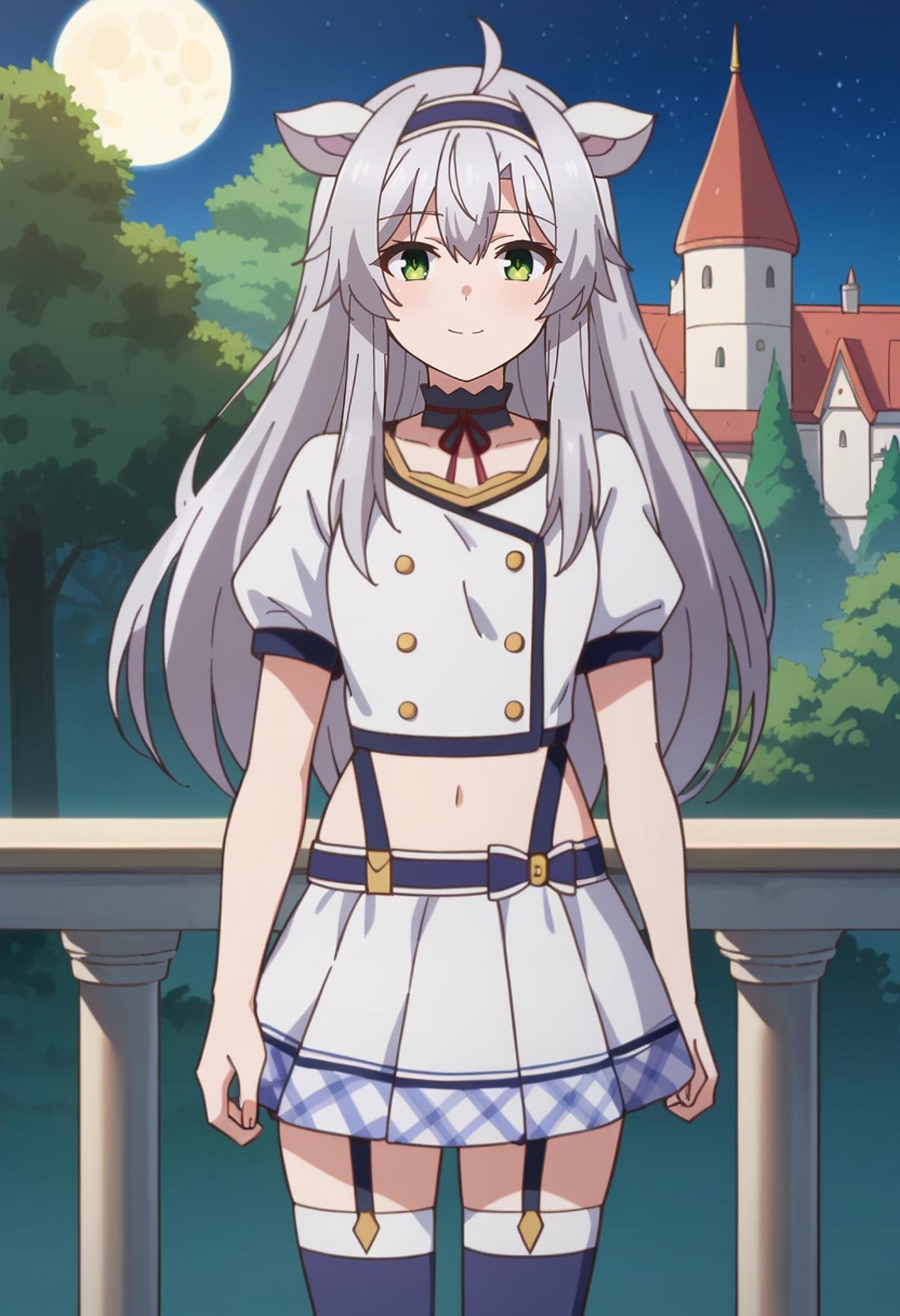 score_9, score_8_up, score_7_up, source_anime, <lora:Rokuaka_SistineFibelXL:0.8>, SistineFibel,1girl, solo, closed mouth, light smile,grey hair, green eyes, long hair, ahoge, animal ears, hairband,SistineSchool, choker, red ribbon, white shirt, crop top, garter straps, white skirt, blue thighhighs, buttons, short sleeves, asymmetrical clothes,standing, looking at the viewer,outdoors, forest, medieval, castle, balcony, moon, night, starry sky